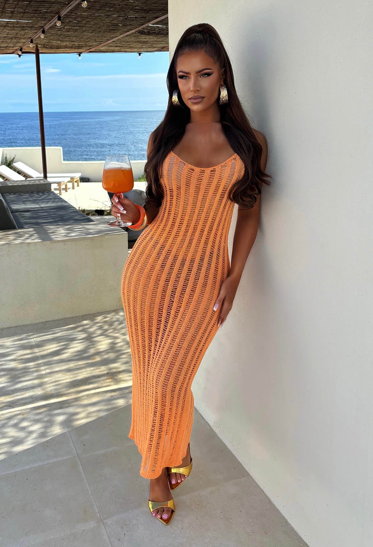 Tangerine Dream Orange Square Neck Laddered Knitted Maxi Cover Up