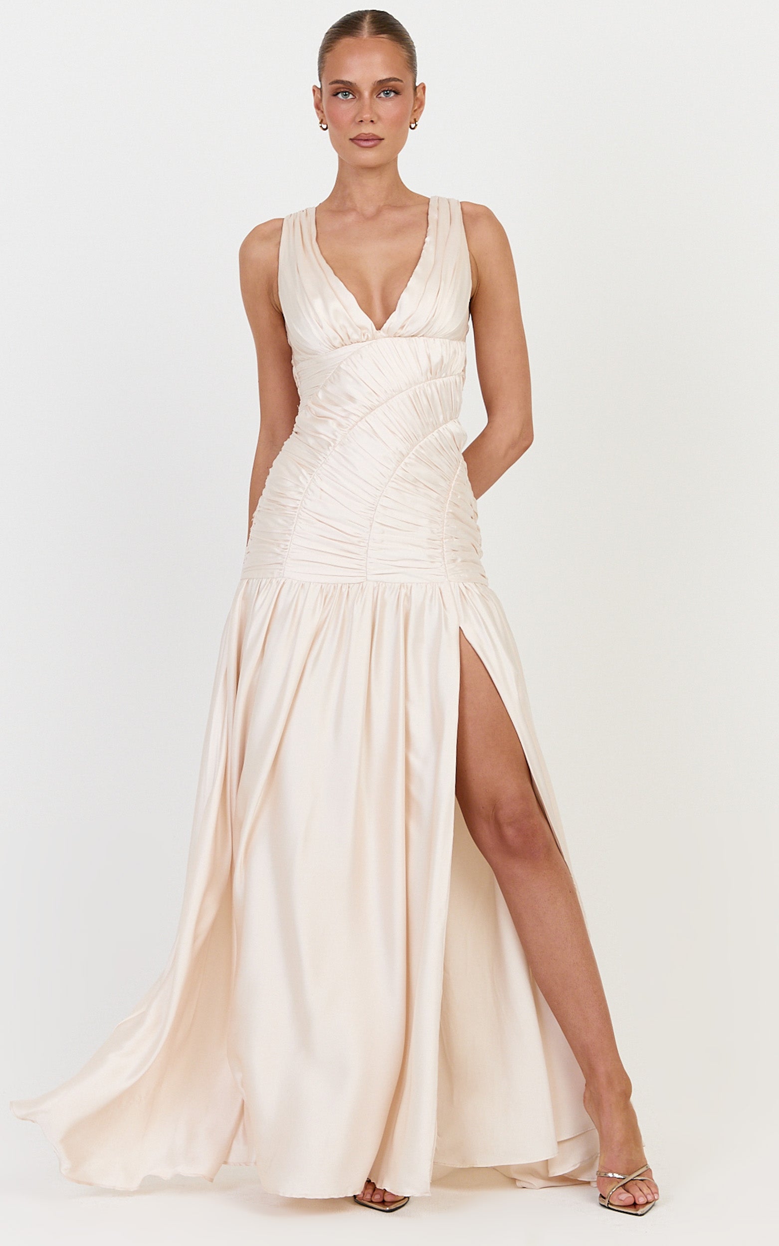 Alessandra Maxi Dress - Ruched Leg Split Dress in Champagne