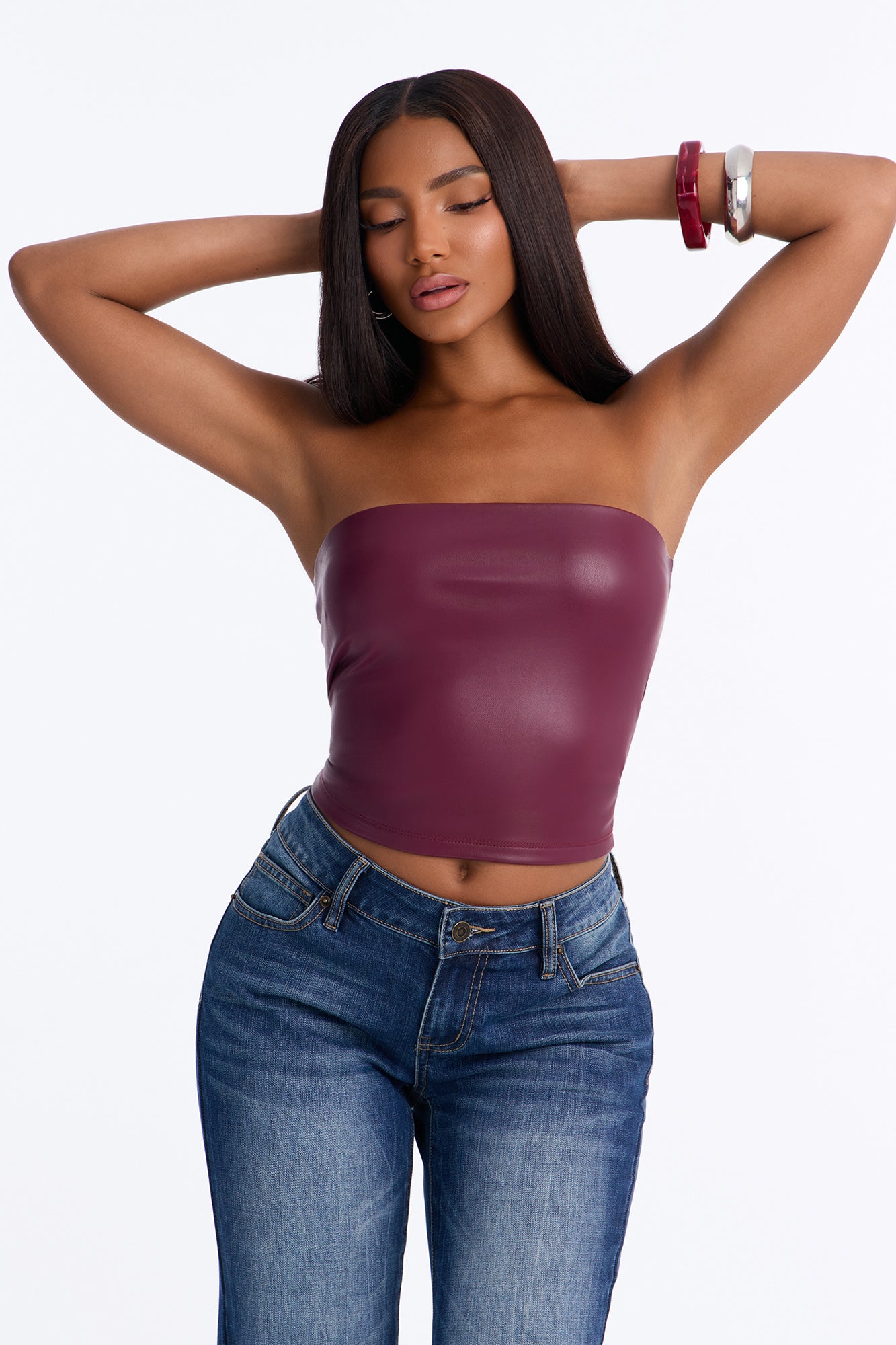 Faux Leather Cropped Tube Top - Burgundy