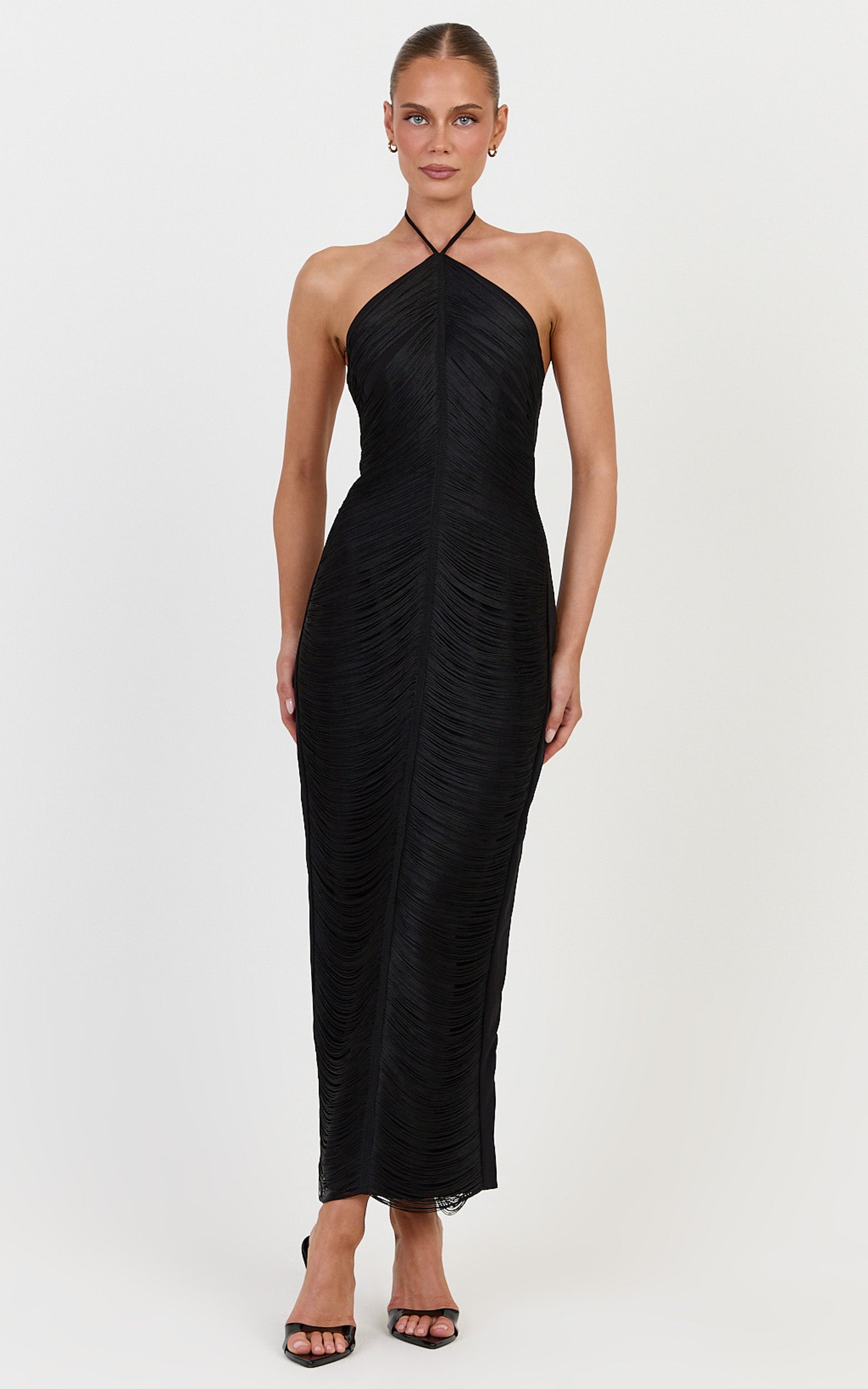 Tori Maxi Dress - Halter Neck Fringed Dress in Black