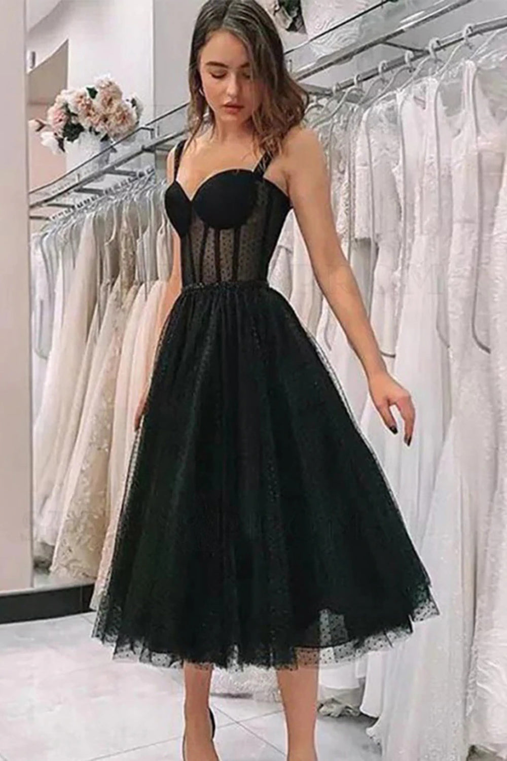 A Line Homecoming Dress with Black Polka Dots