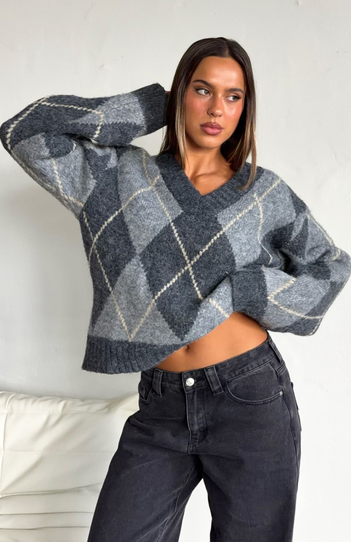 Daniela Argyle Knit Sweater Charcoal