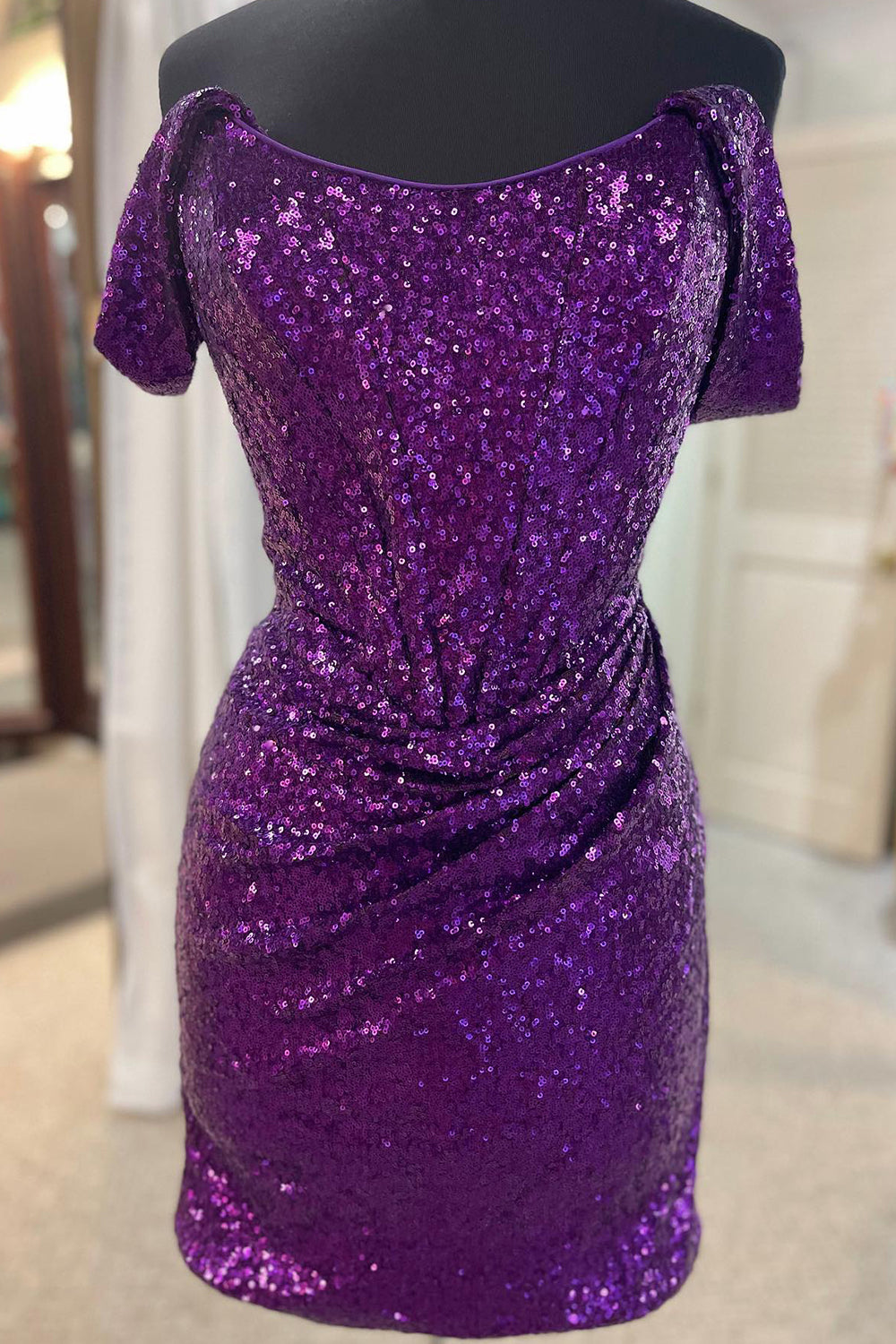 Sparkly Grape Detachable Off the Shoulder Sequins Tight Homecoming Dress/Mini Dress
