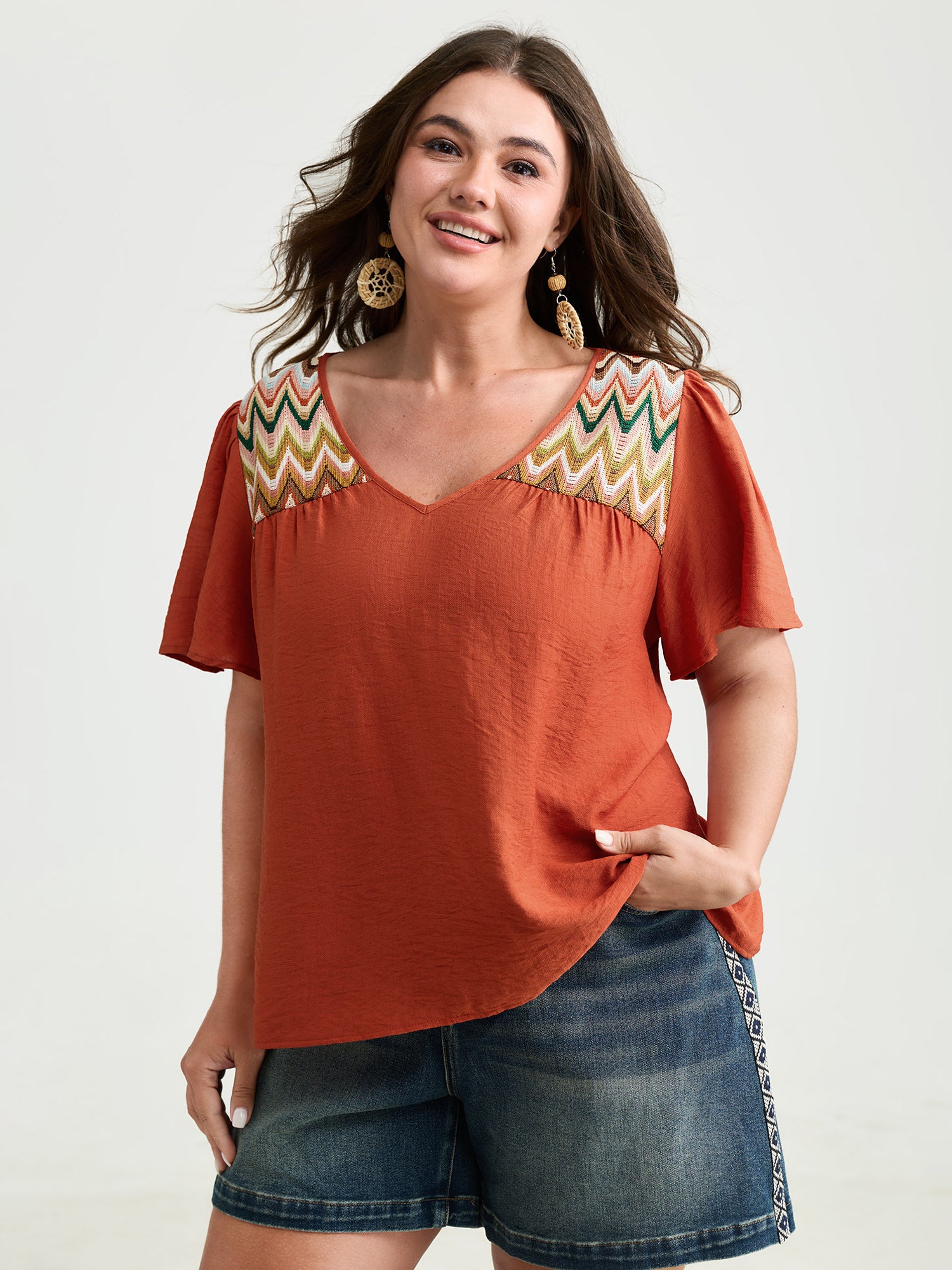 Colorful Wavy Shoulder V-Neck Plain Blouse