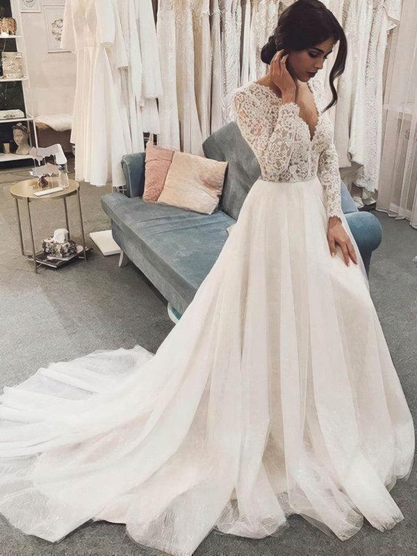 Sexy Deep V-Neck Long Sleeves Tulle Lace Court Train A-Line Wedding Dresses