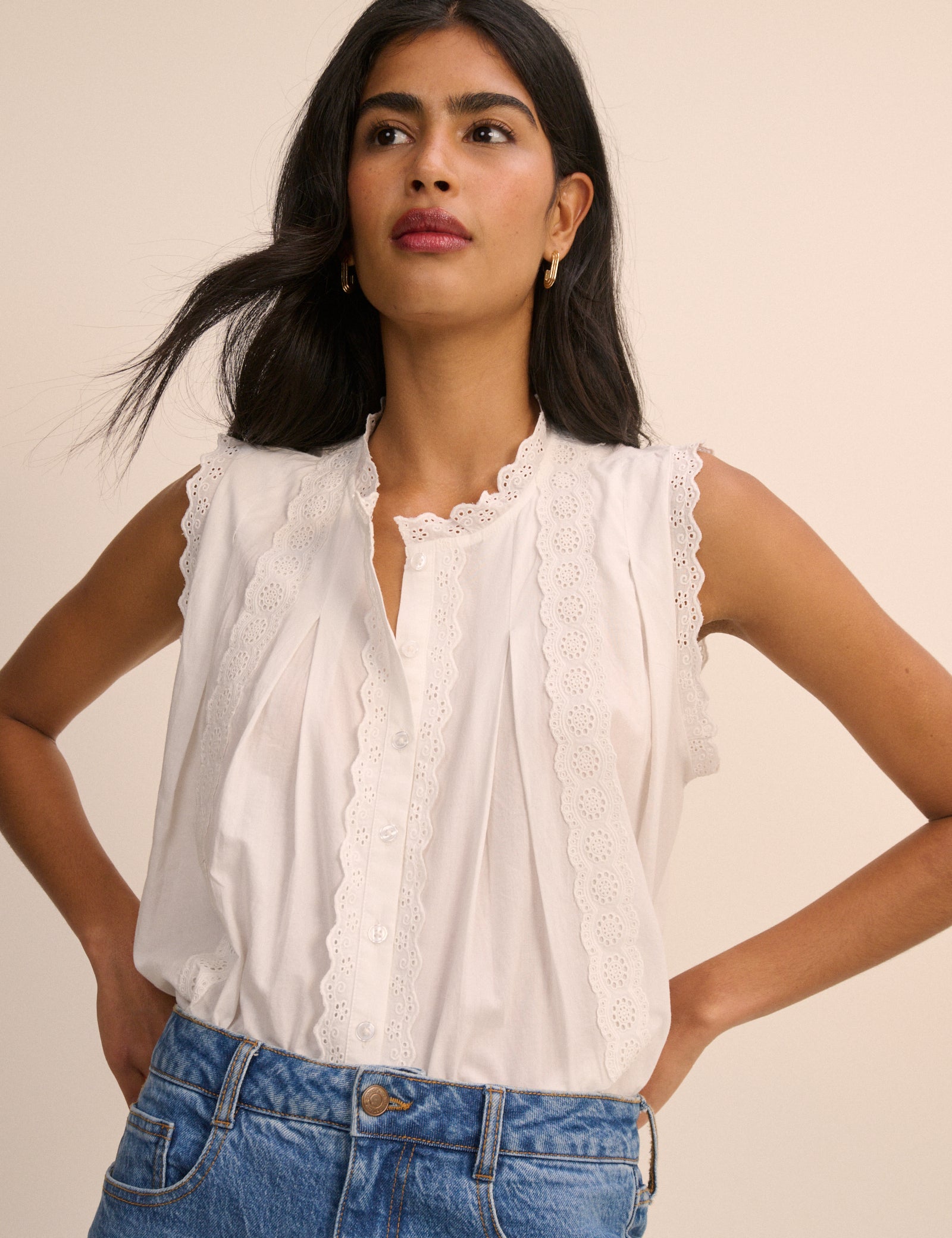 White Broderie Anglaise Trim Blouse