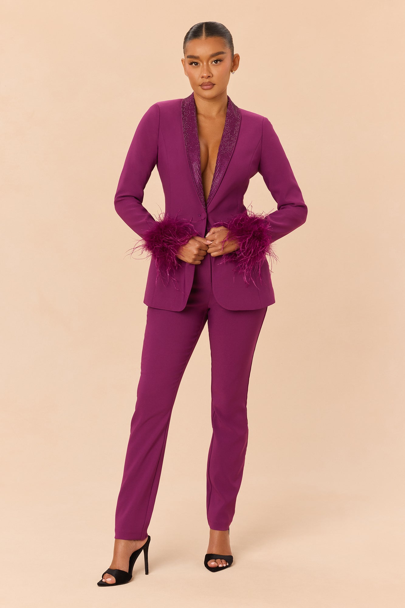 Clarissa Embellished Feather Blazer Suit Set - Plum