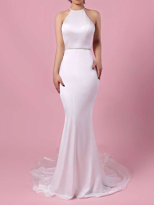 Sexy Mermaid Jewel Neck Backless Chiffon Wedding Dresses with Sash