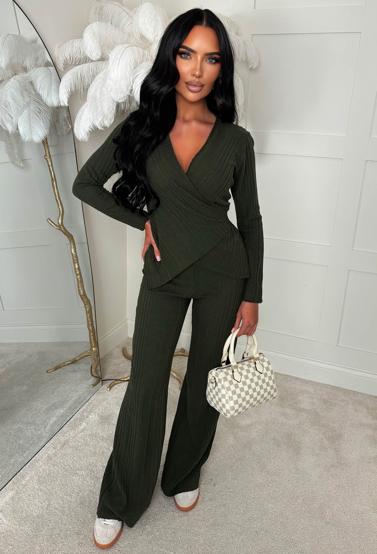 Snug Bug Khaki Ribbed Wrap Top & Trousers Loungewear Set