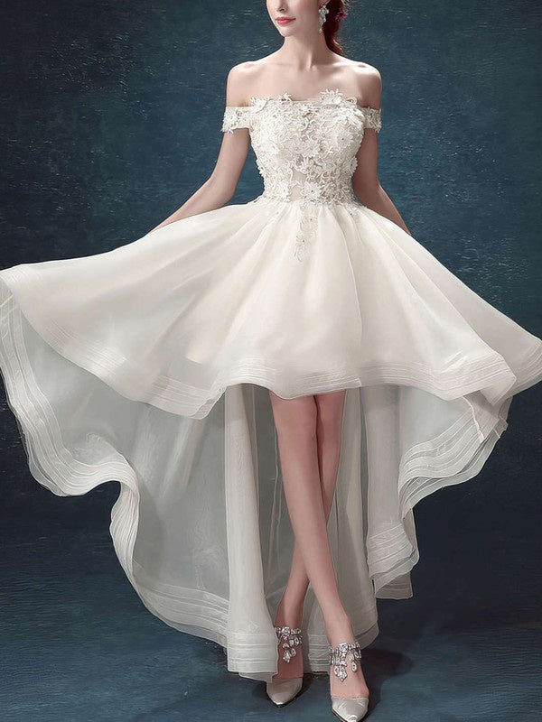 Stunning Hi-Lo A-Line Off-The-Shoulder Organza Lace Wedding Dresses
