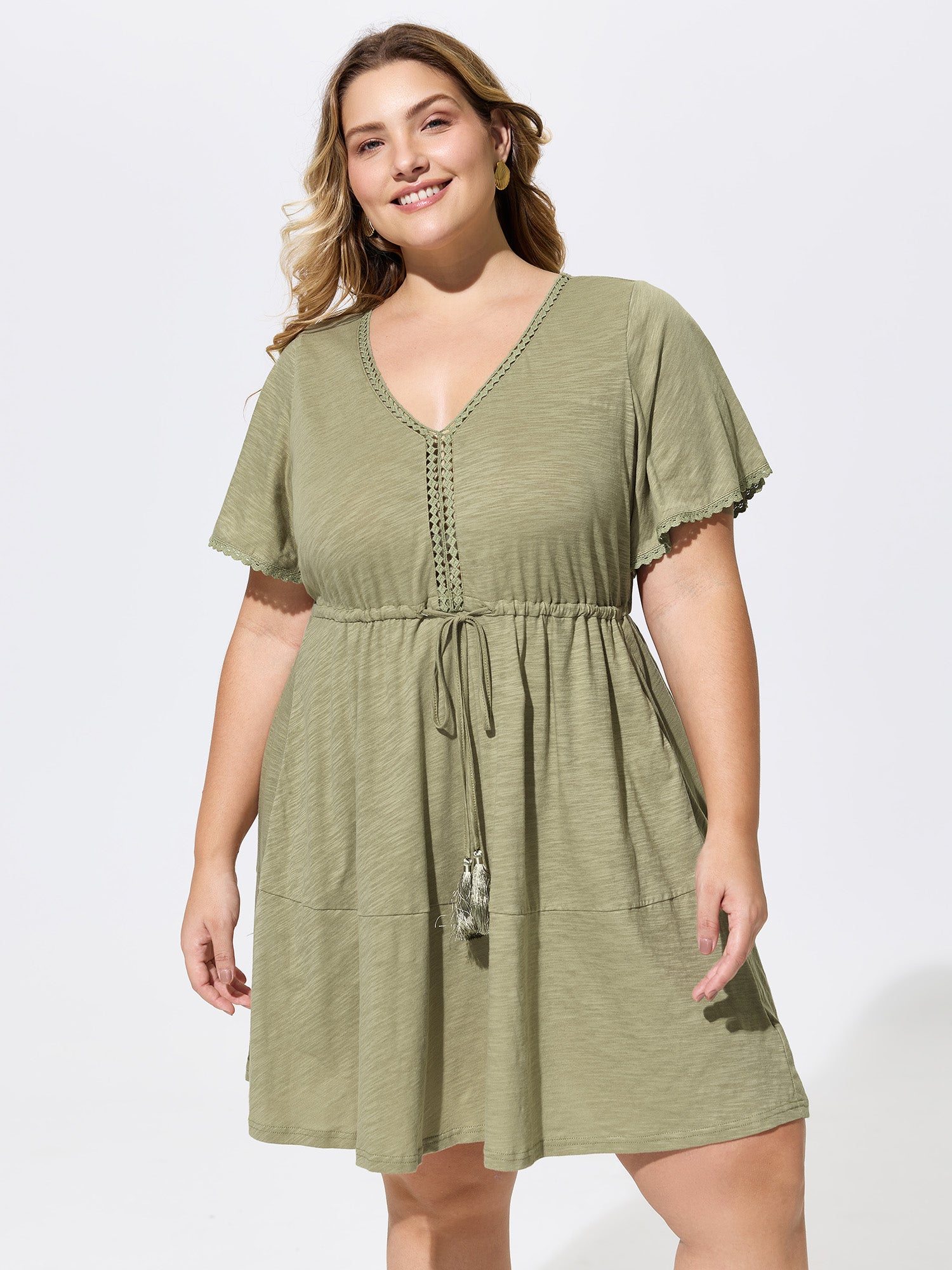 Cotton Drawstring Waist Easy-Fit Knit Mini Dress