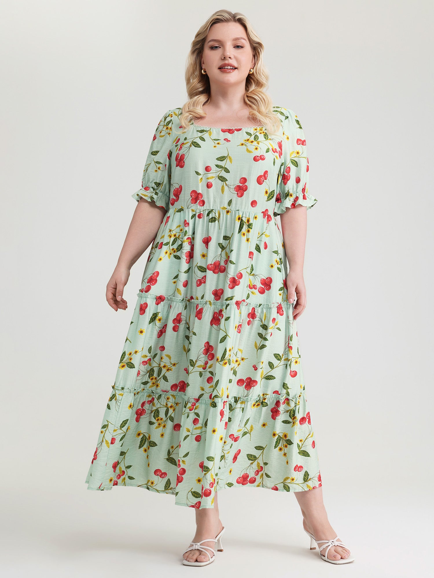 Sweet Cherry Print Puffy Sleeve Midi Dress
