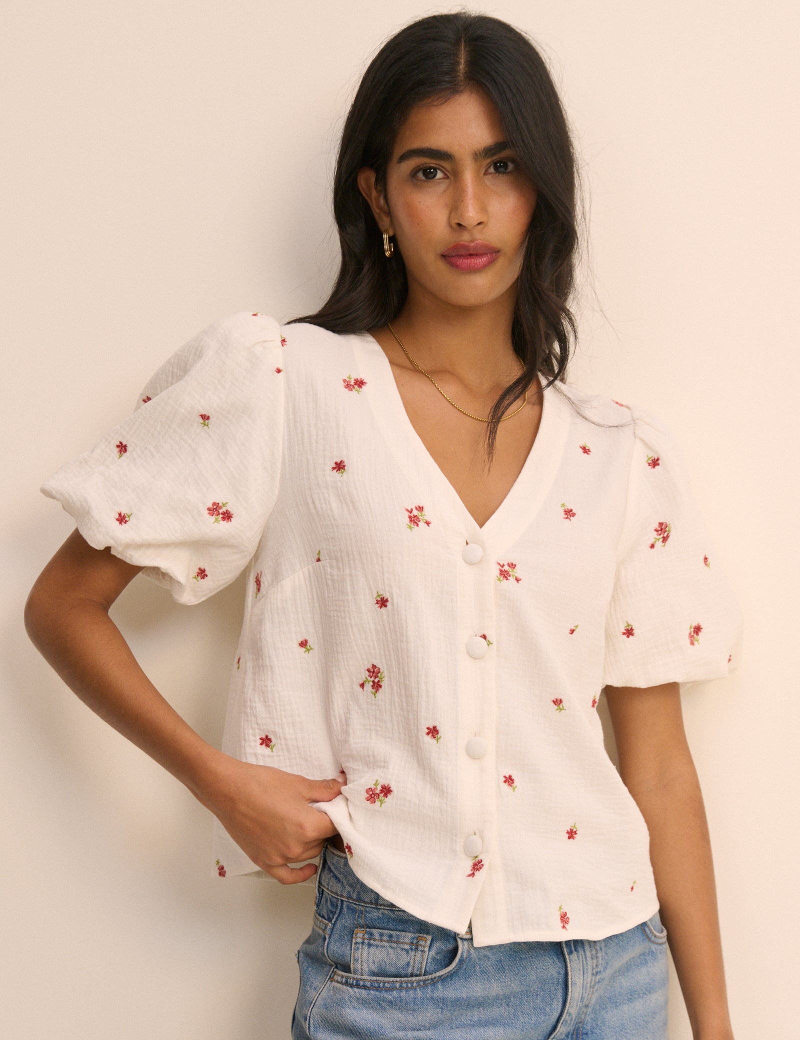 Cream and Red Floral Puff Sleeve Top