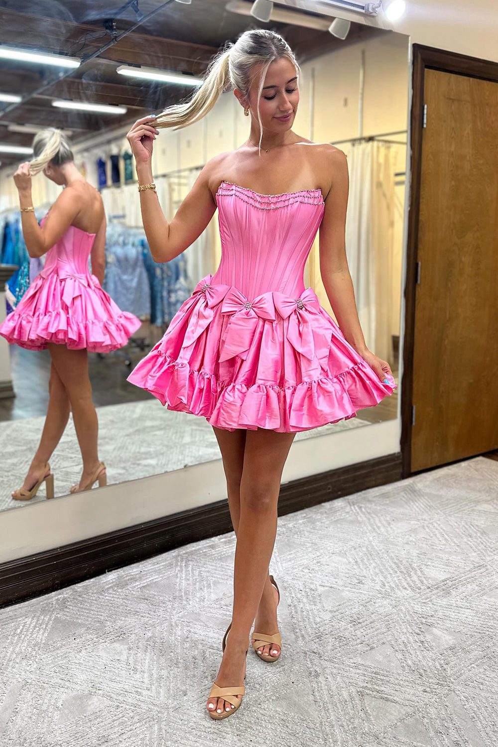 Fluffy Pink Corset Sweetheart A Line Short Homecoming Dress/Mini Dress With Bow