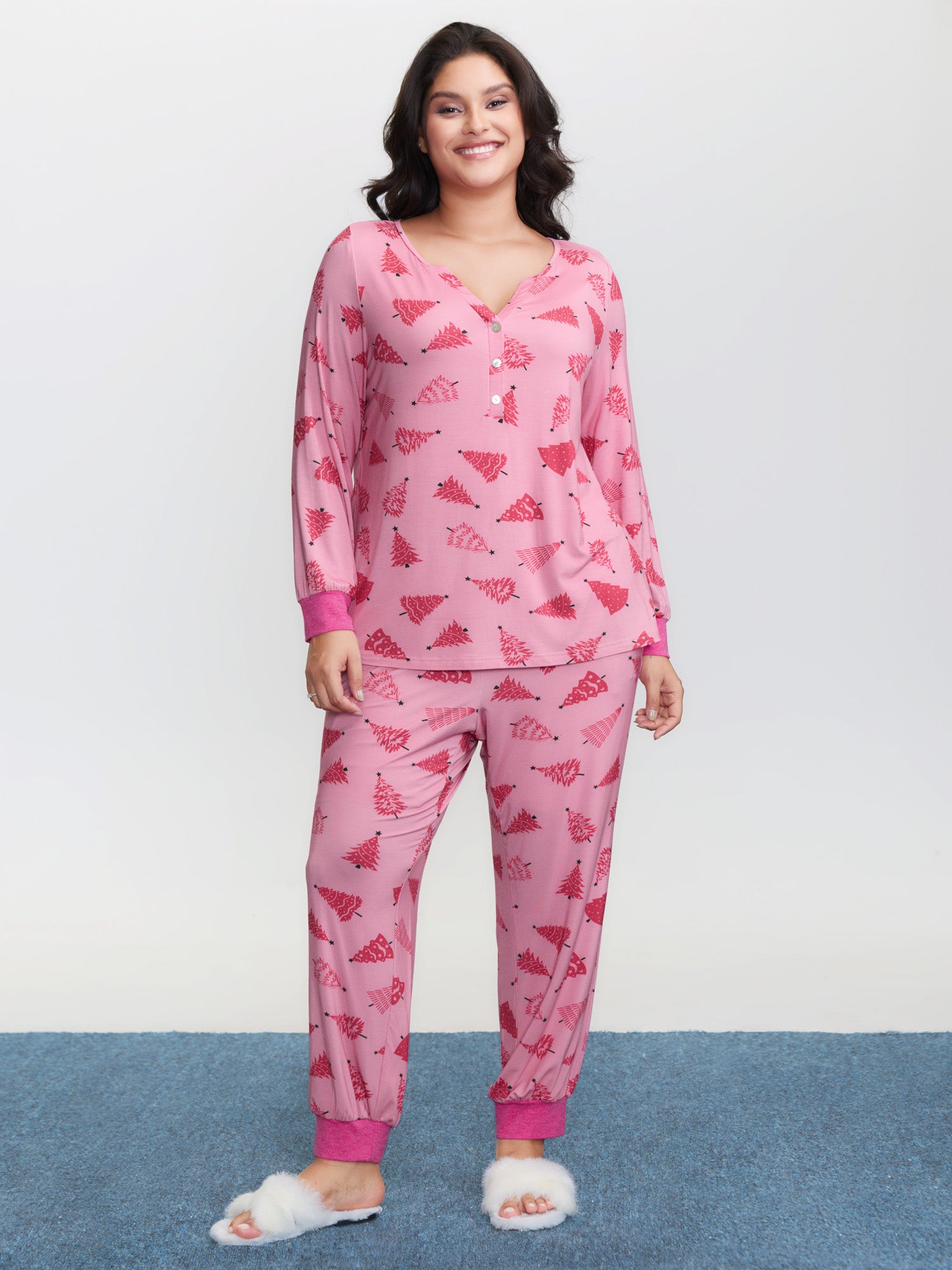 Christmas Tree Print Buttons Co-Ord Pajama Set