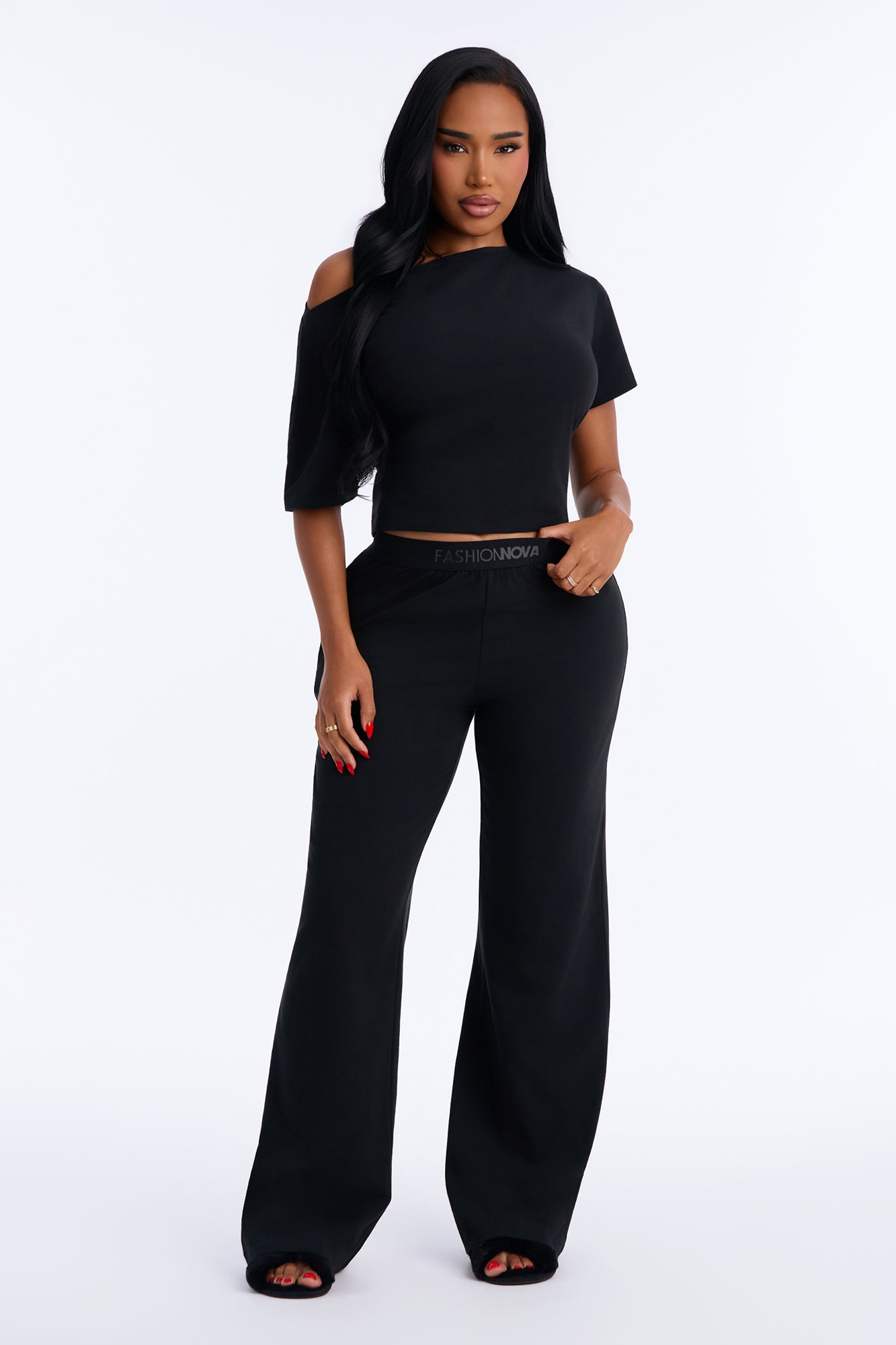 FN Mood Cotton Off The Shoulder Wide Leg PJ Pant Set - Black