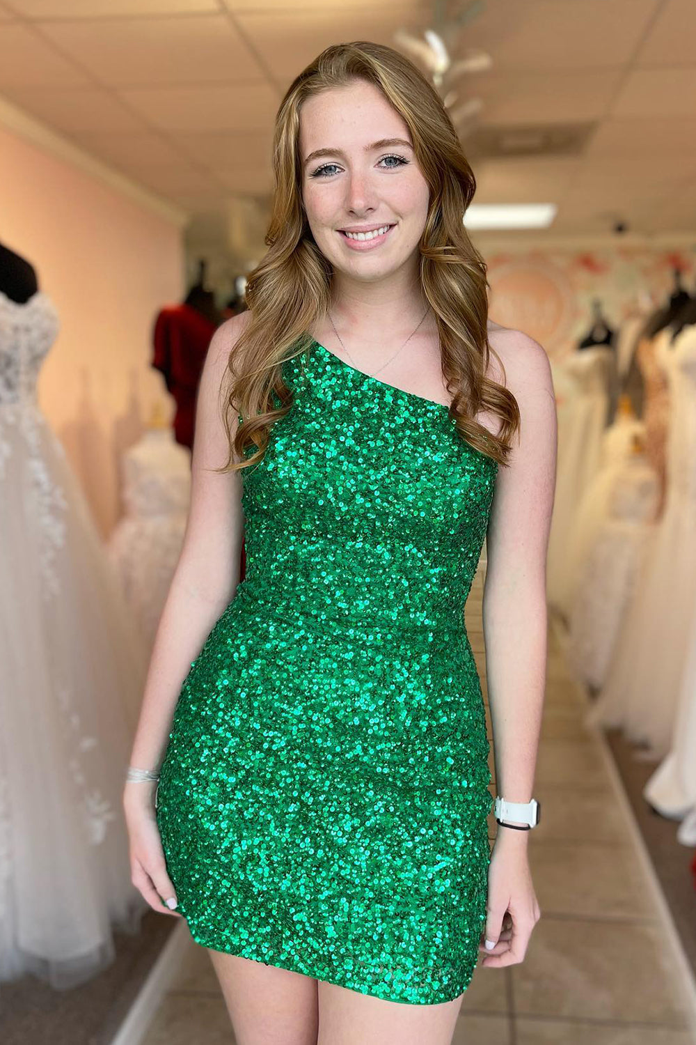 Sparkly Green Sequined One Shoulder Tight Short Homecoming Dress/Mini Dress