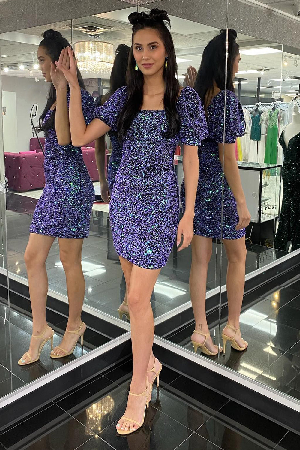 Sparkly Purple Sequins Short Sleeves Tight Homecoming Dress/Mini Dress