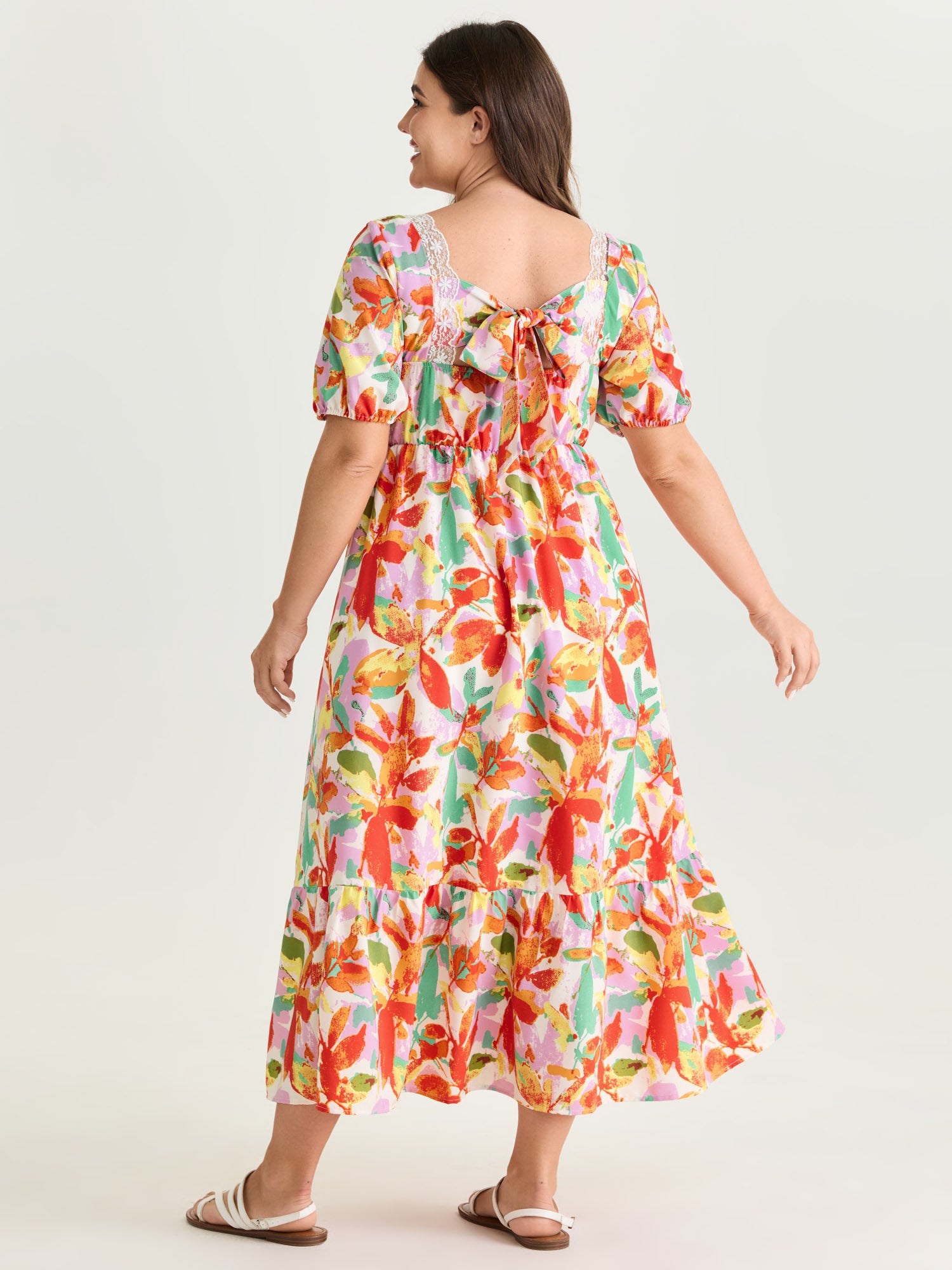 Bright Floral Print Ruched Bodice Midi Dress