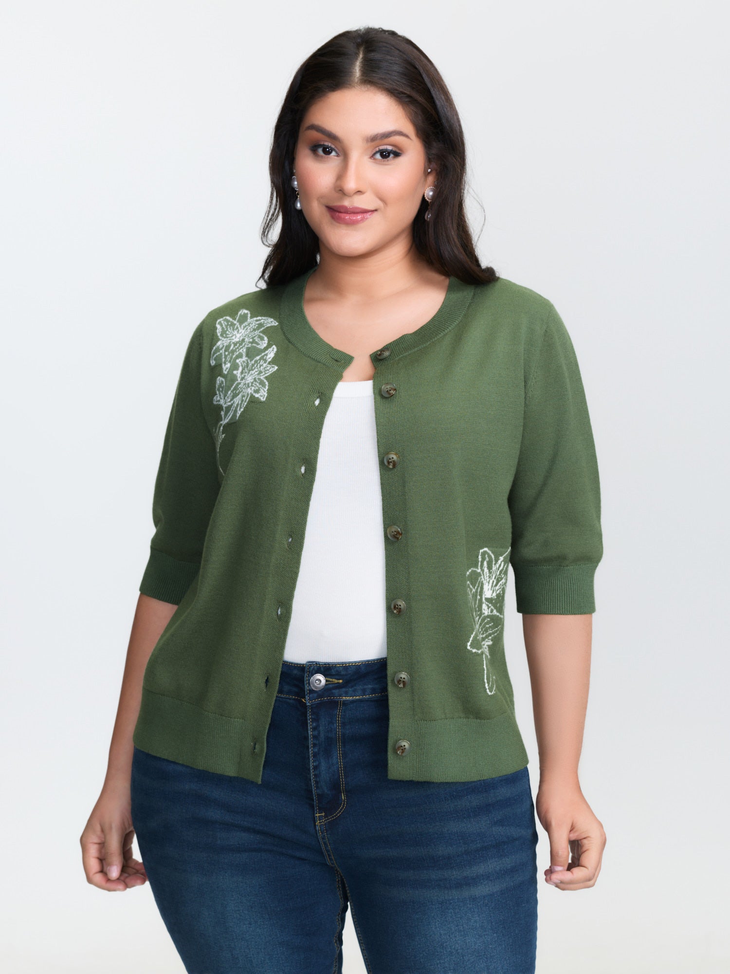 Floral Pattern Jacquard Button Knit Cardigan