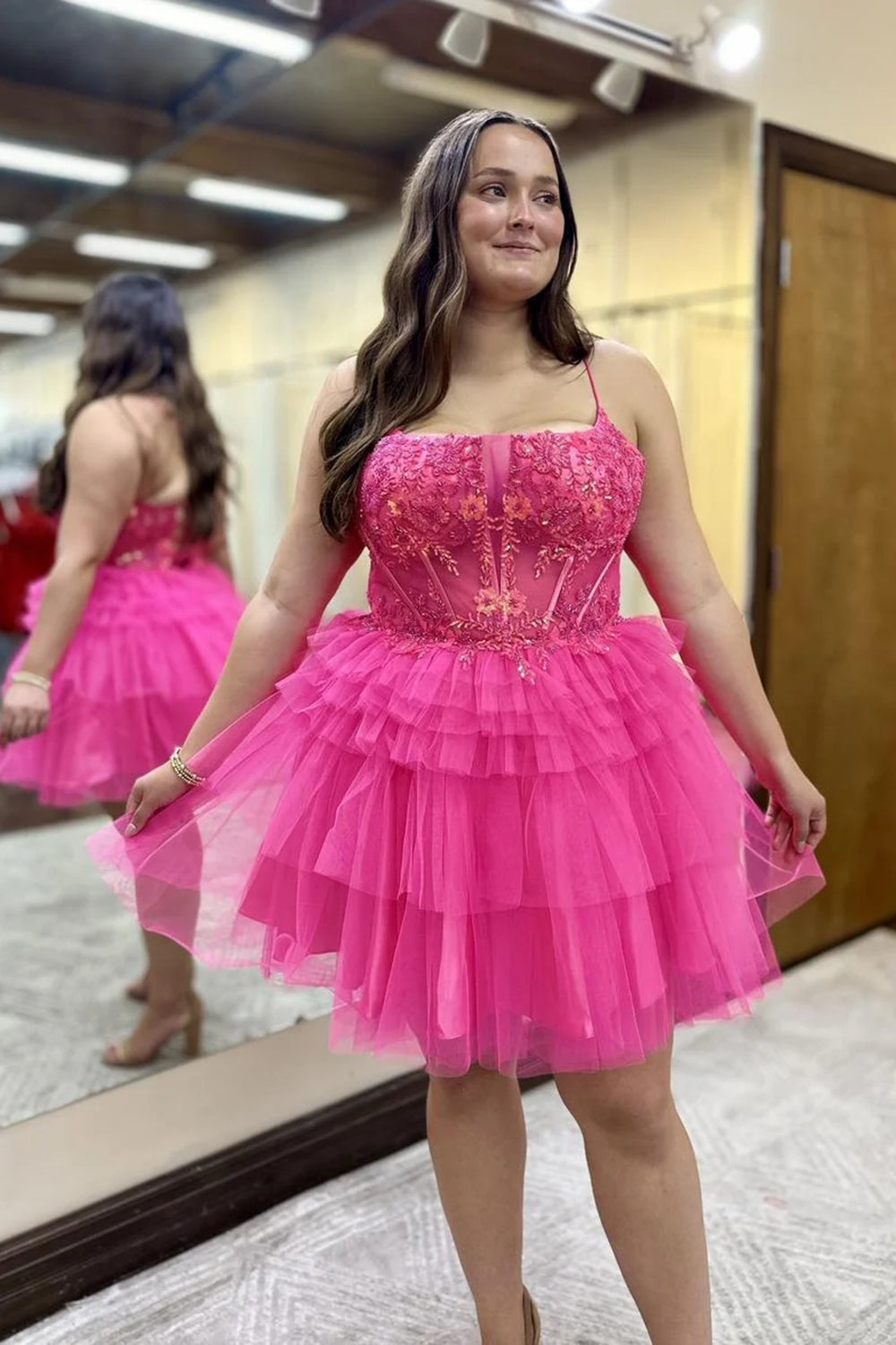 Hot Pink A Line Spaghetti Straps Corset Short Homecoming Dress/Mini Dress