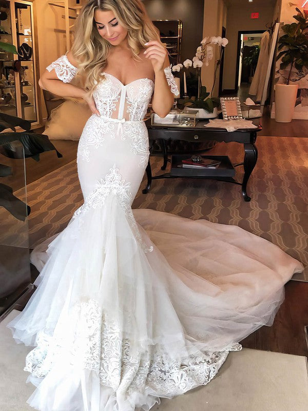 Beautiful Cathedral Train Mermaid Sweetheart Off-The-Shoulder Lace Wedding Dresses with Sash