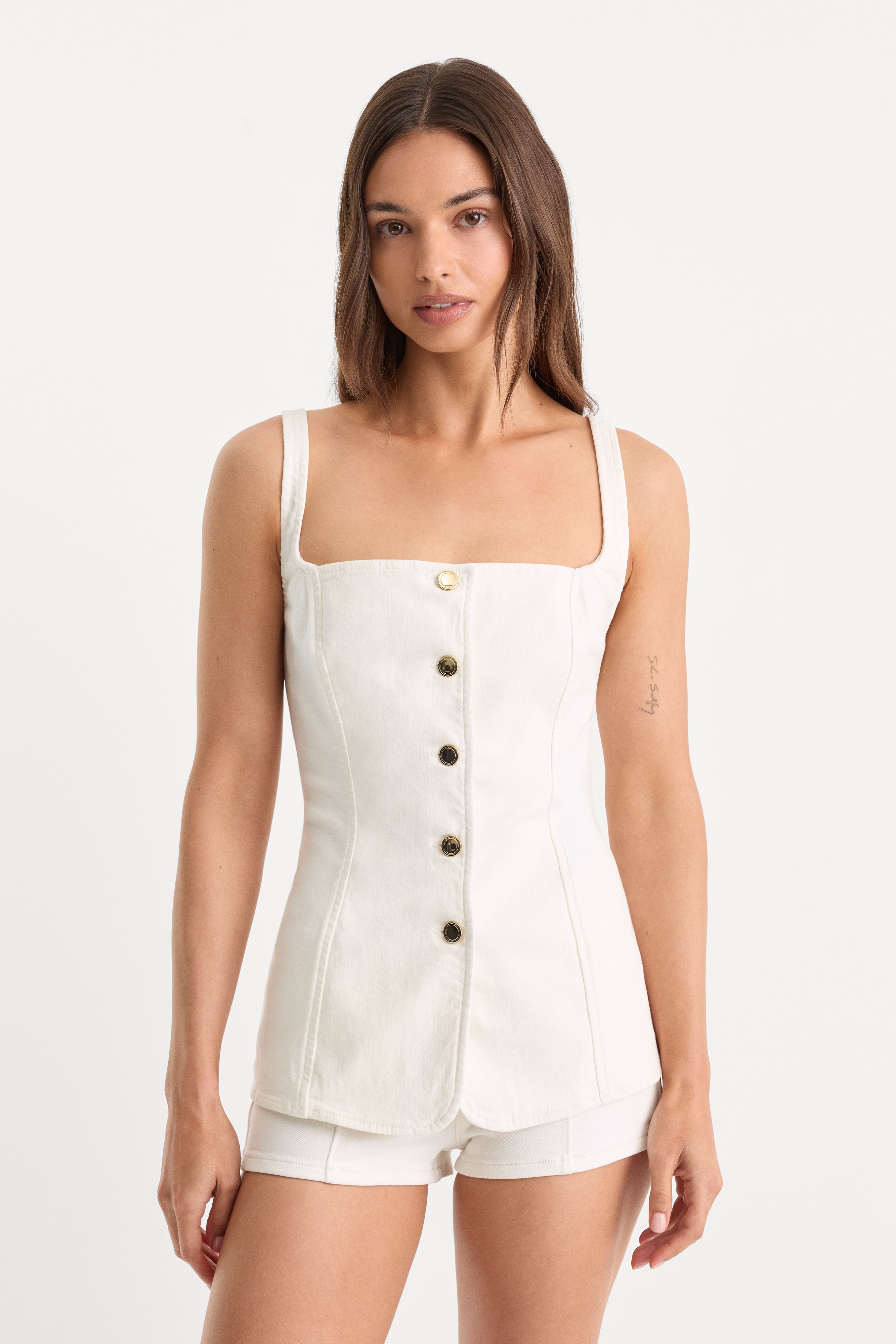 SLEEVELESS DENIM BUTTON FRONT TOP | COTTON WHITE