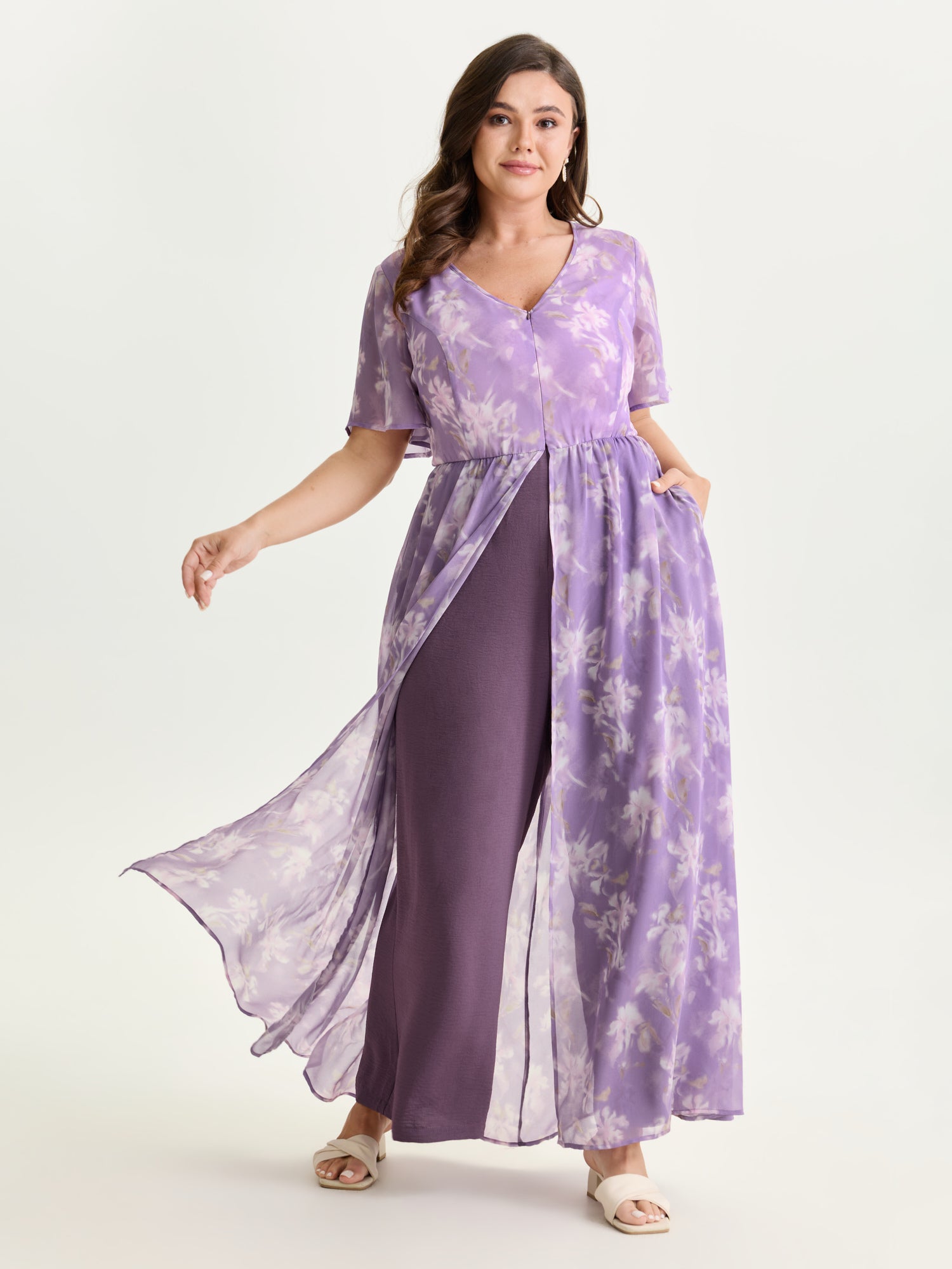 Hidden Zipper Floral Layered Pockets Jumpsuit
