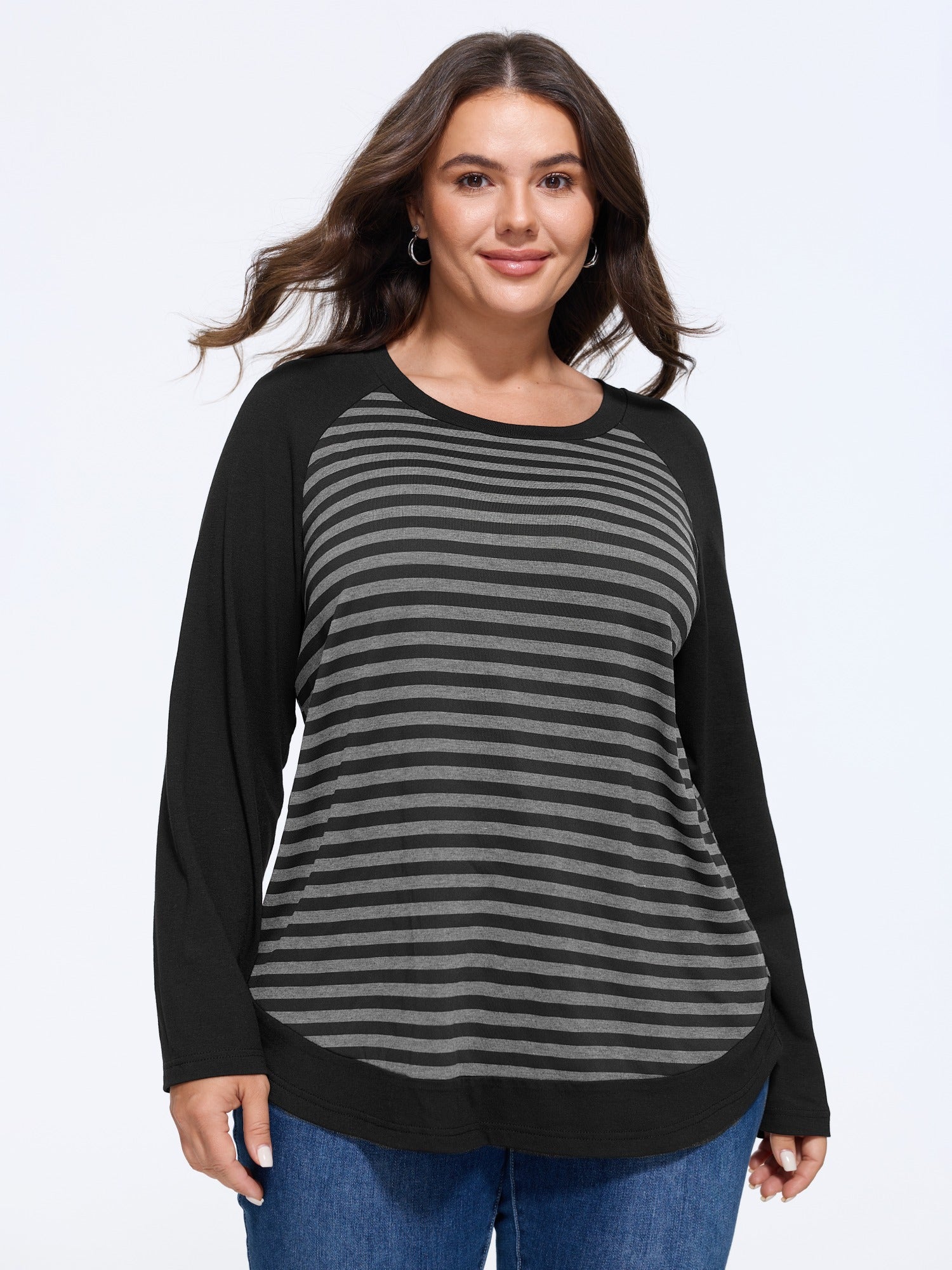 Stripe Contrast Crew Neck Curved Hem T-Shirt