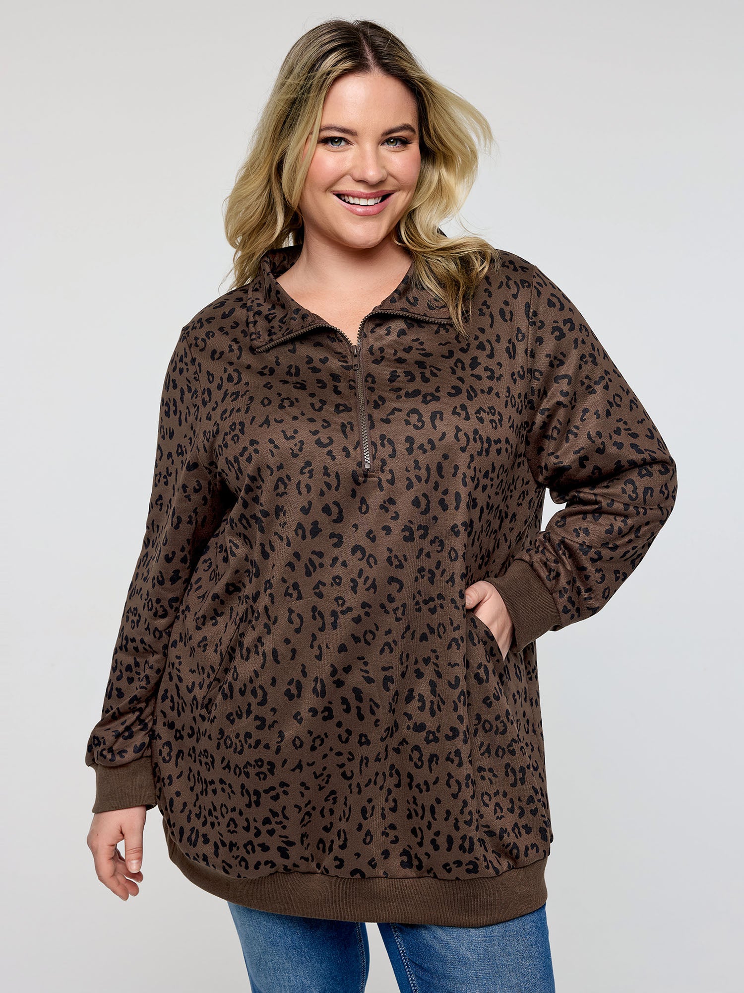 Leopard Print Half-Zipper Sweatshirt