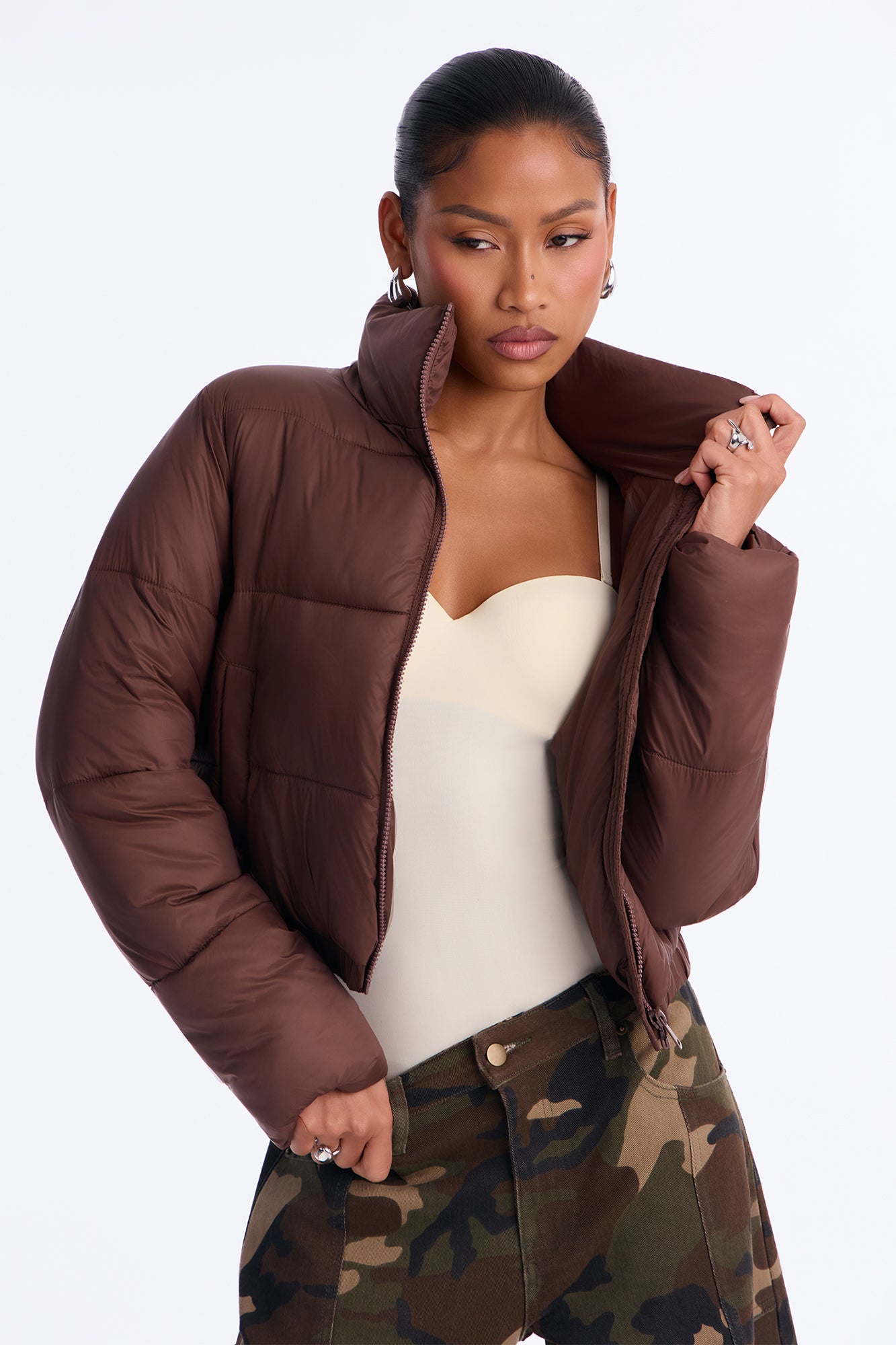 Up And About Funnel Neck Puffer Coat - Chocolate