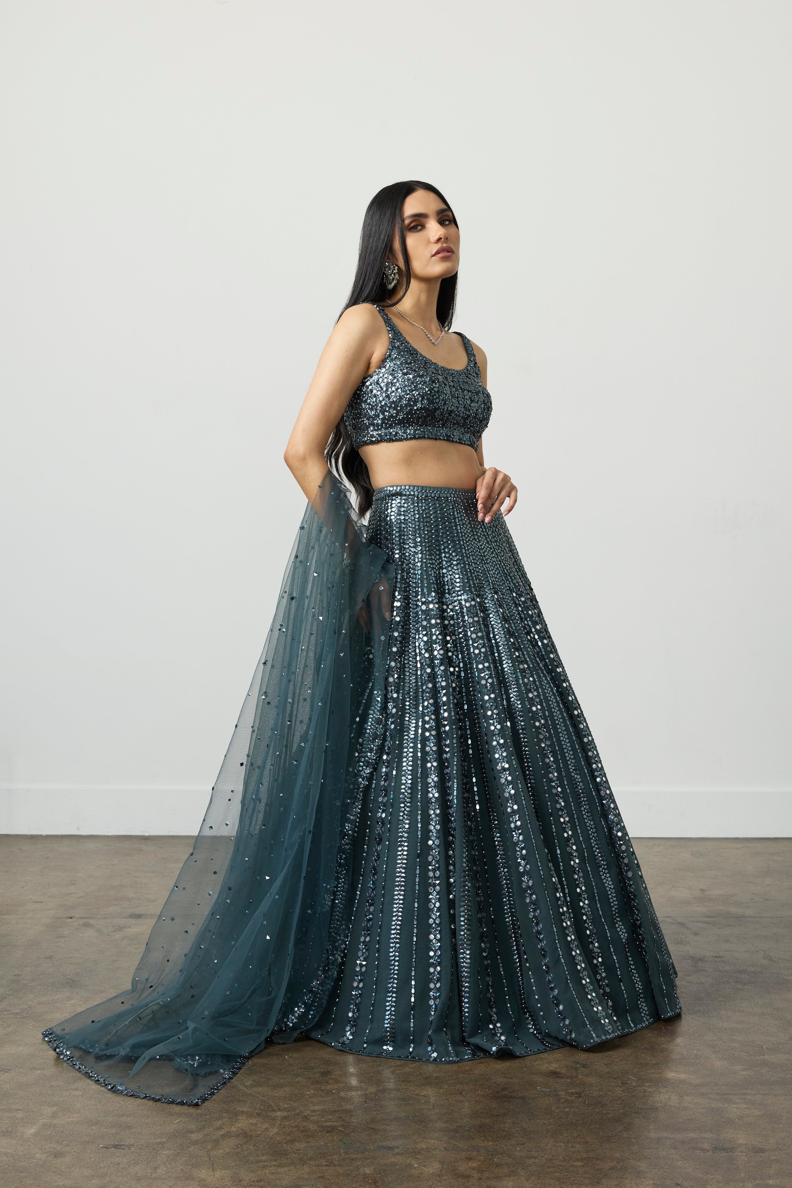 Charcoal Blue Sequin Lehenga Set