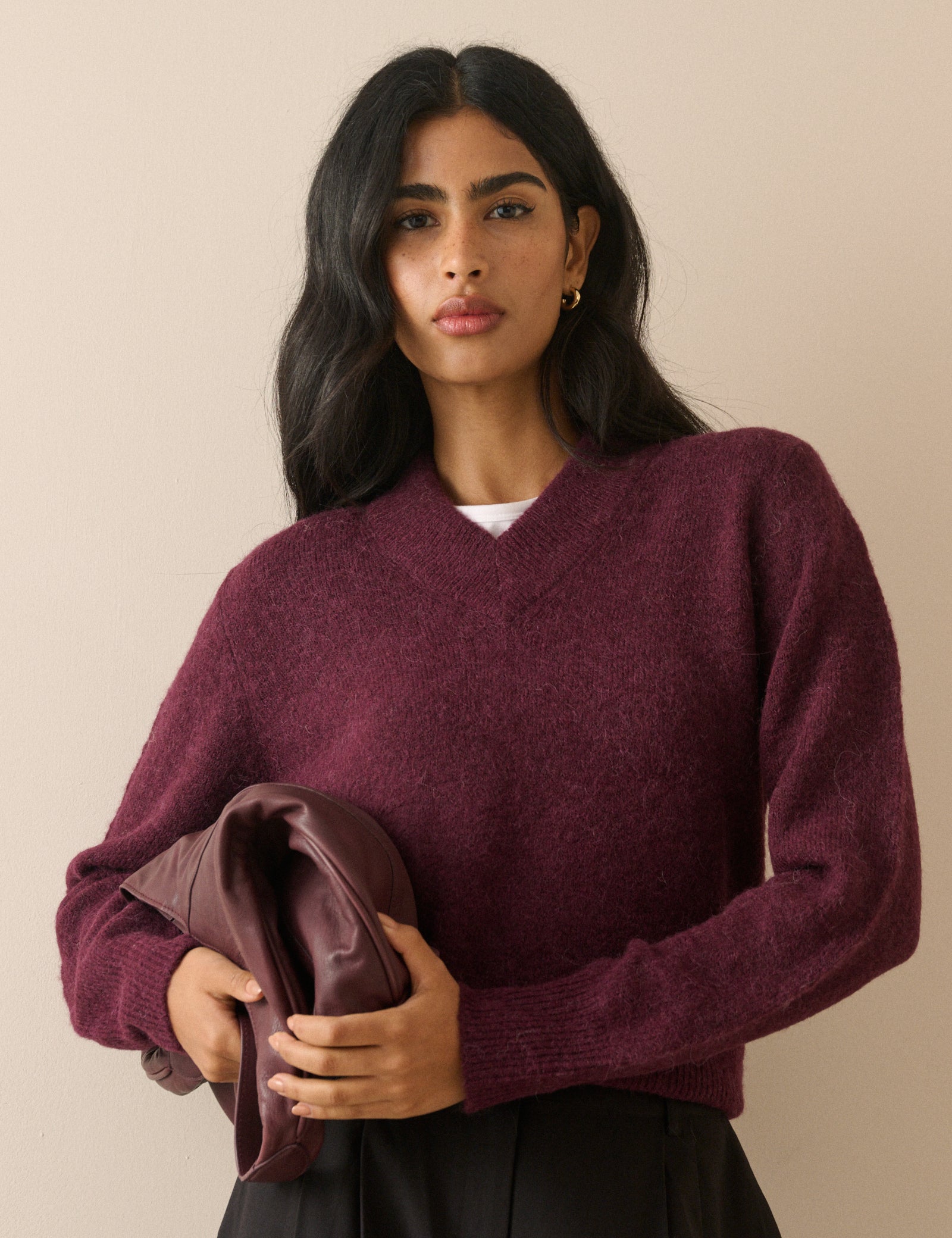 Burgundy V-Neck Ribbed Trim Jumper