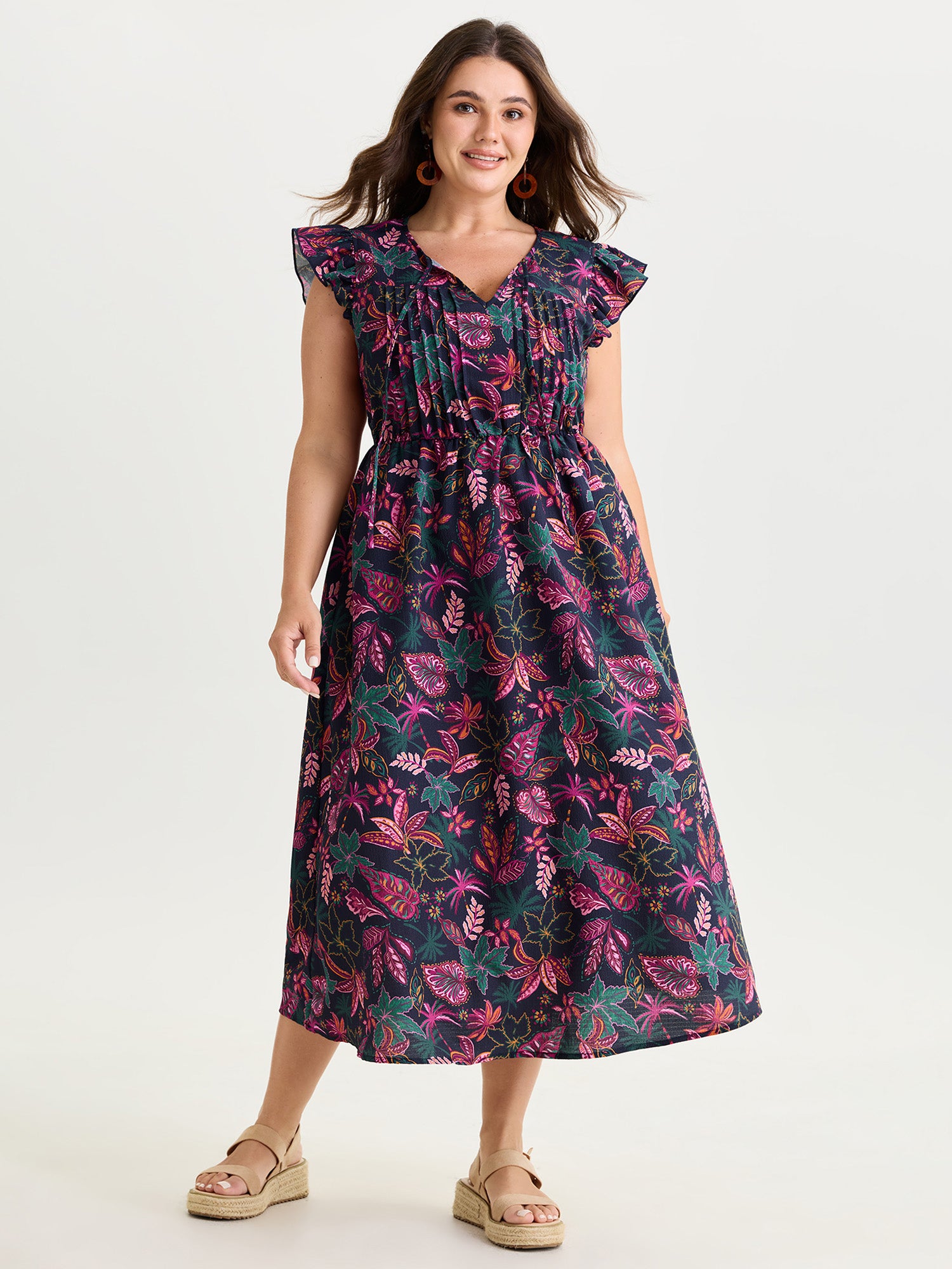 Floral Print Flutter Sleeve Flowy Maxi Dress