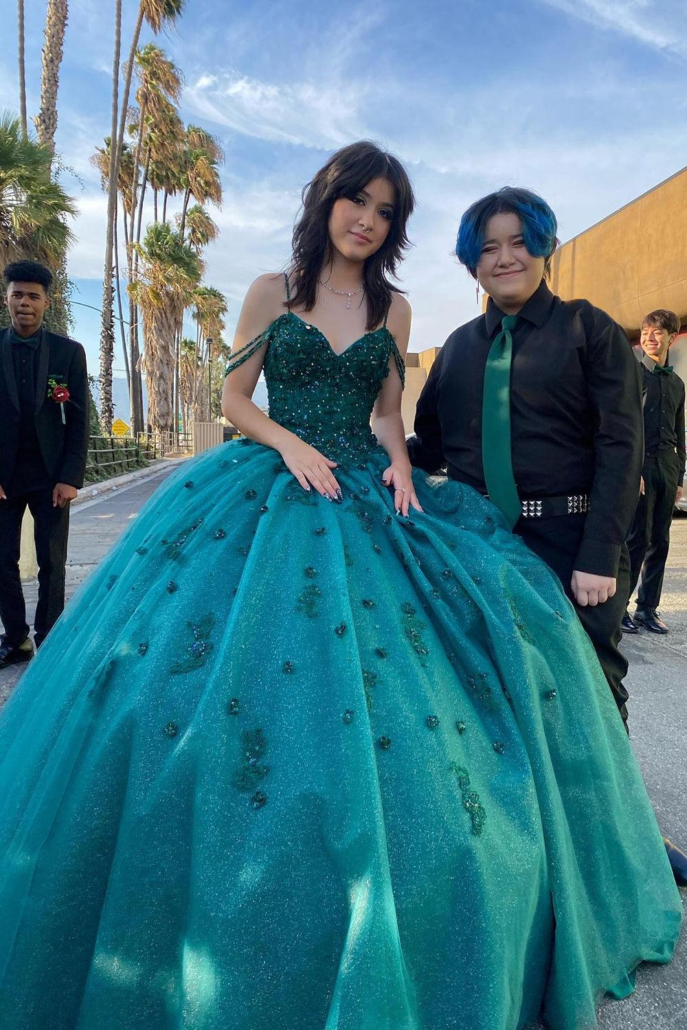 Quinceanera Ball Gown with Sparkly Dark Green Spaghetti Straps and Appliques