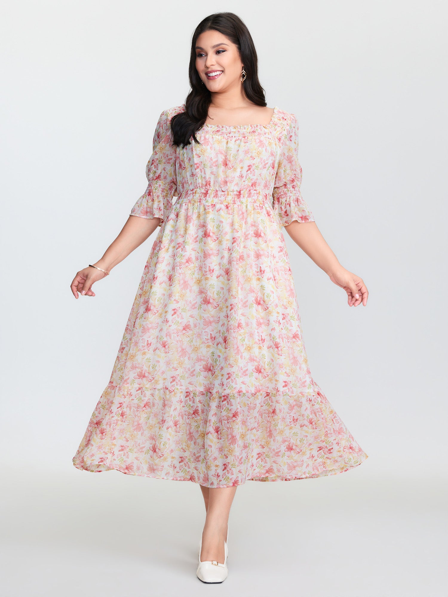 Floral Print Shirred Neckline Maxi Dress