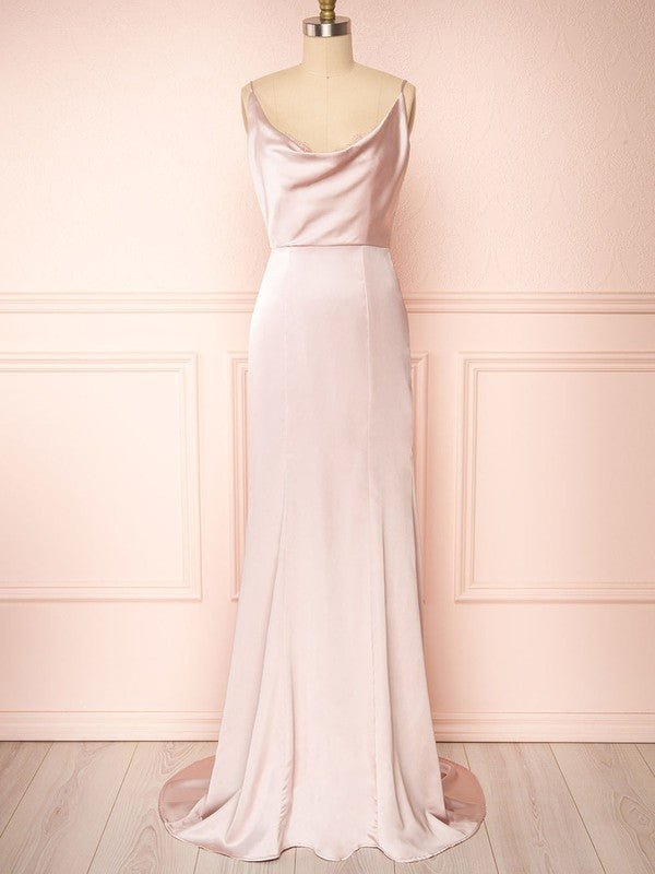 Glamorous Sheath Cowl Neck Sleeveless Satin Sweep Train Bridesmaid Dresses