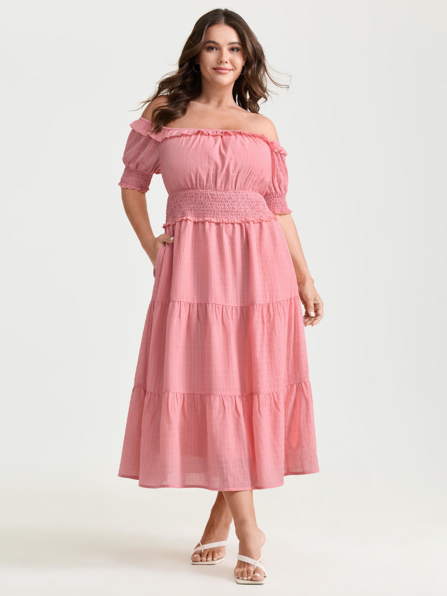 Shirred Waist Off-Shoulder Tiered Maxi Dress