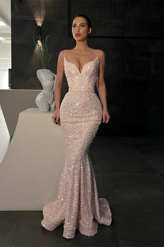 Spaghetti Mermaid Strap Long Evening Dress With Sequins