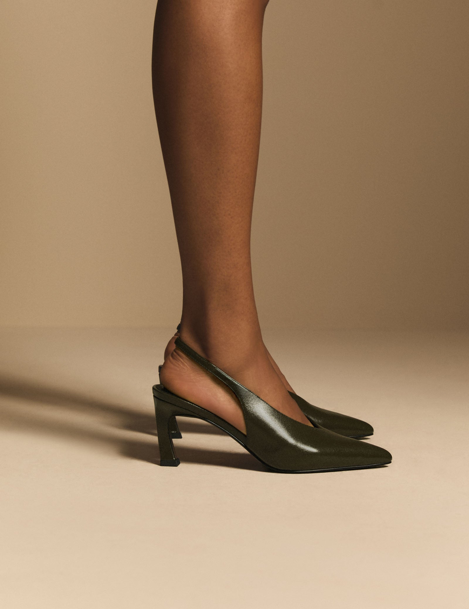 Deep Olive High Vamp Sling Back Heels