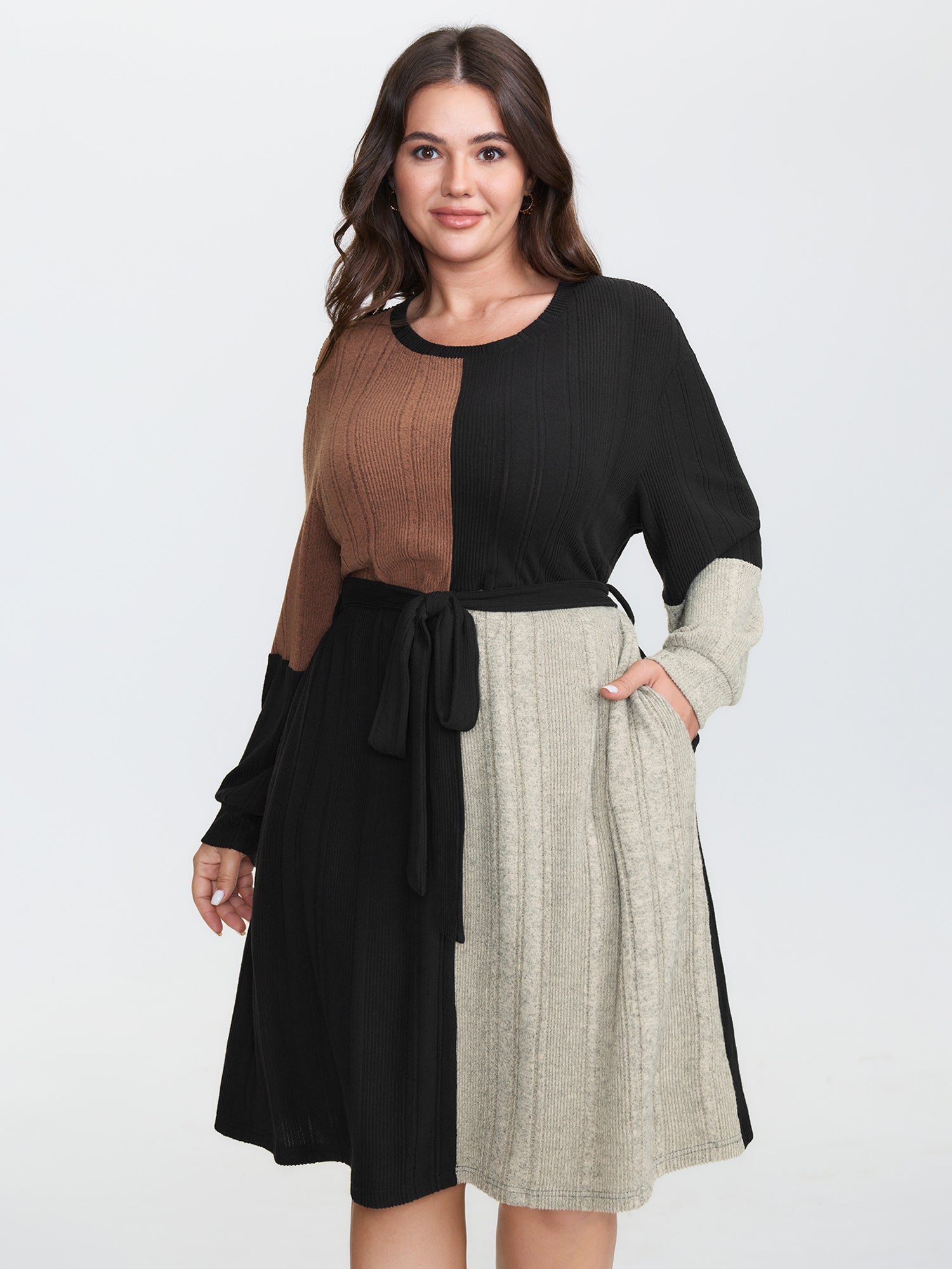 Colorblock Textured Waist-Tie Pockets Midi Dress