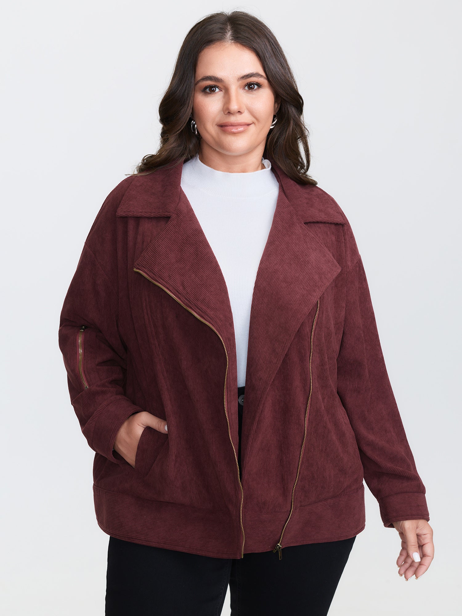 Corduroy Zipper Notched Lapels Pocket Jacket