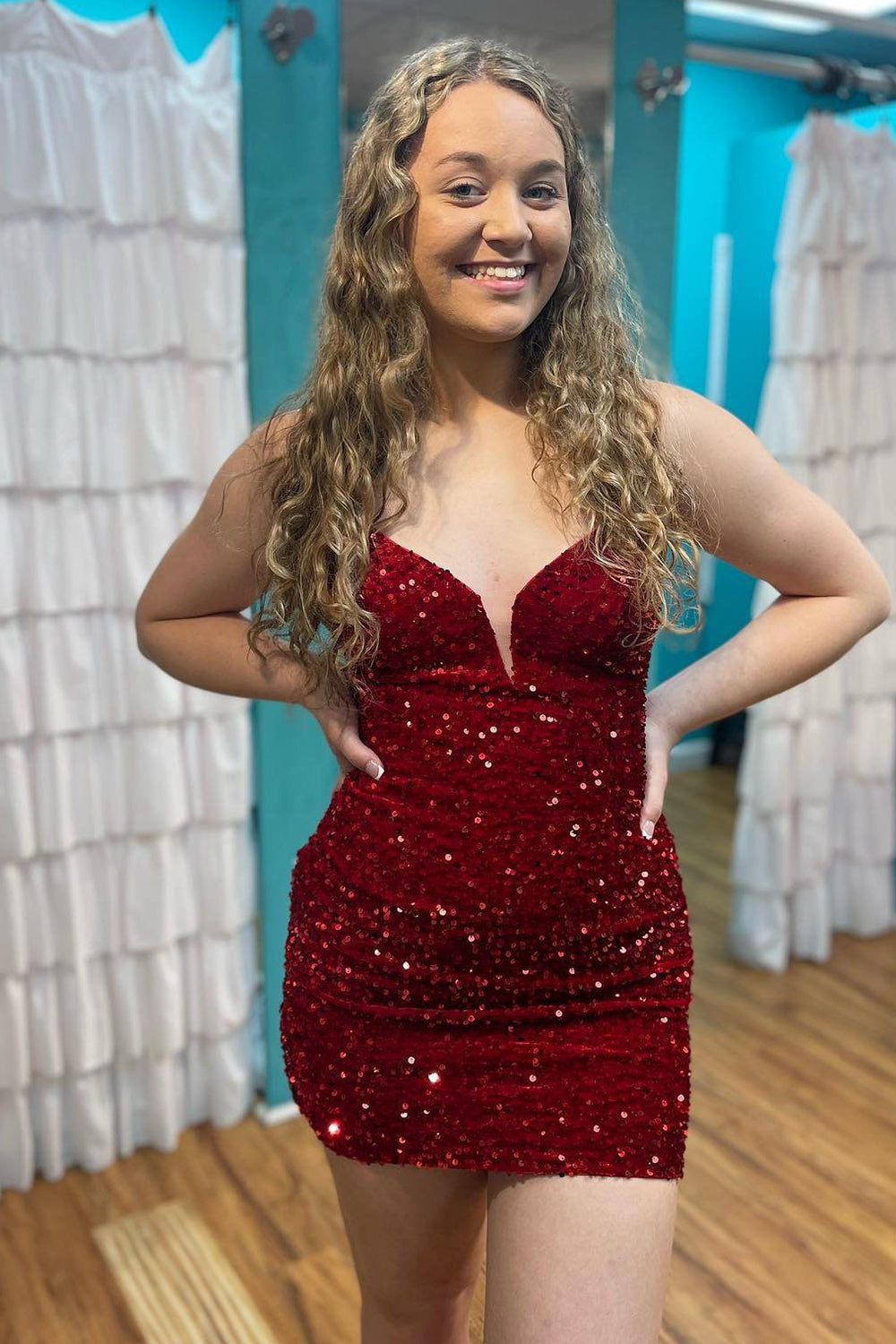 Burgundy Sequins Glitter Homecoming Dress/Mini Dress with Lace-up Back