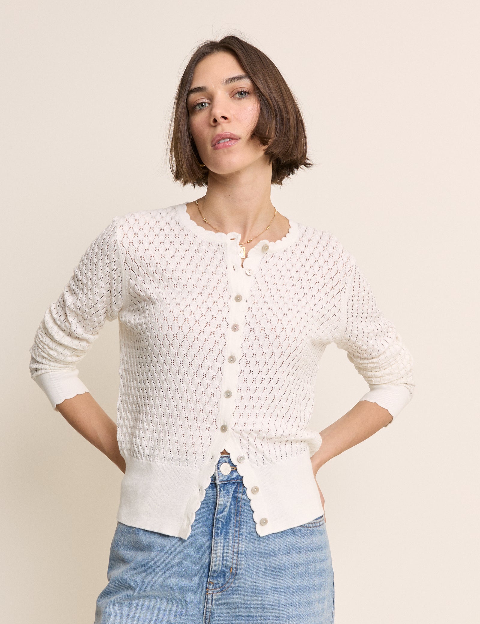 White Pointelle Crew Neck Cardigan