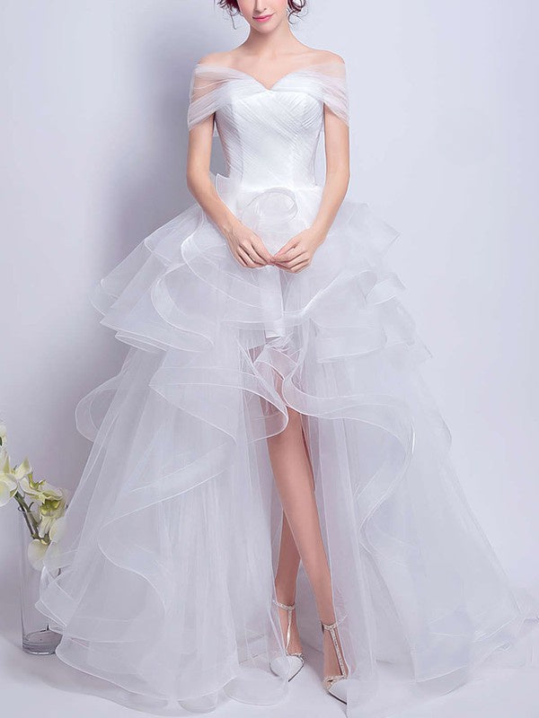 Fashionable Tiered Off-The-Shoulder Ball Gown Organza Asymmetrical Wedding Dresses