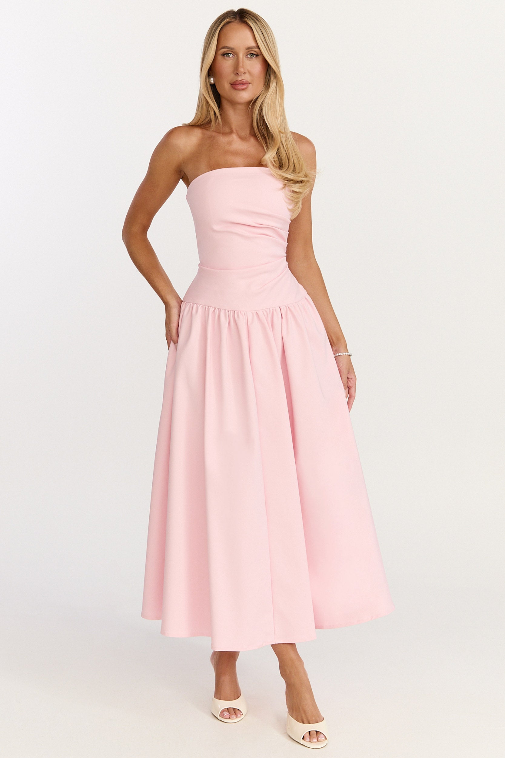Louisa Midi Dress - Strapless Side Ruched Dropped Waist Fit And Flare Dress in Pink