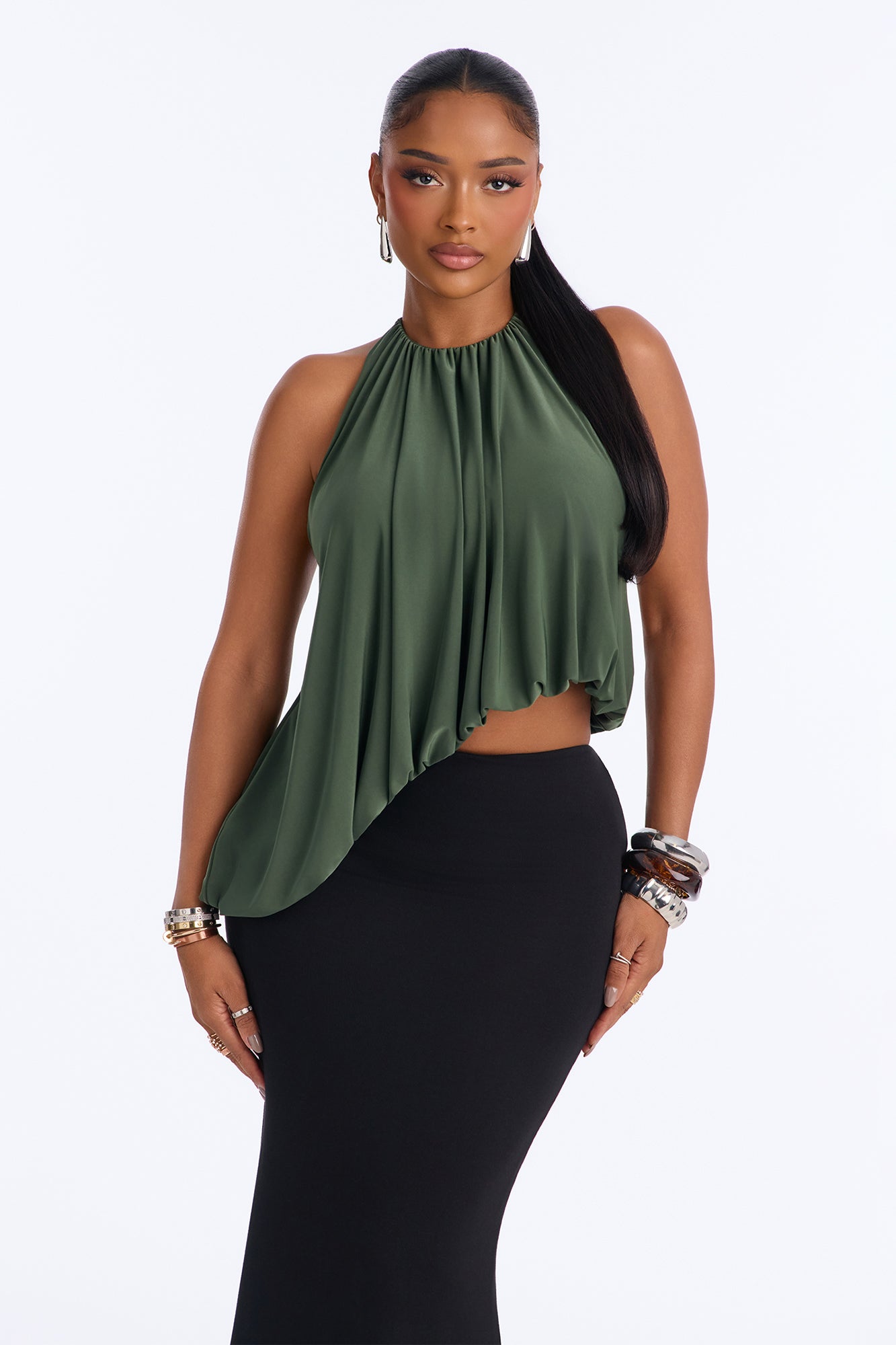 Selena Ruched Asymmetrical Halter Top - Olive