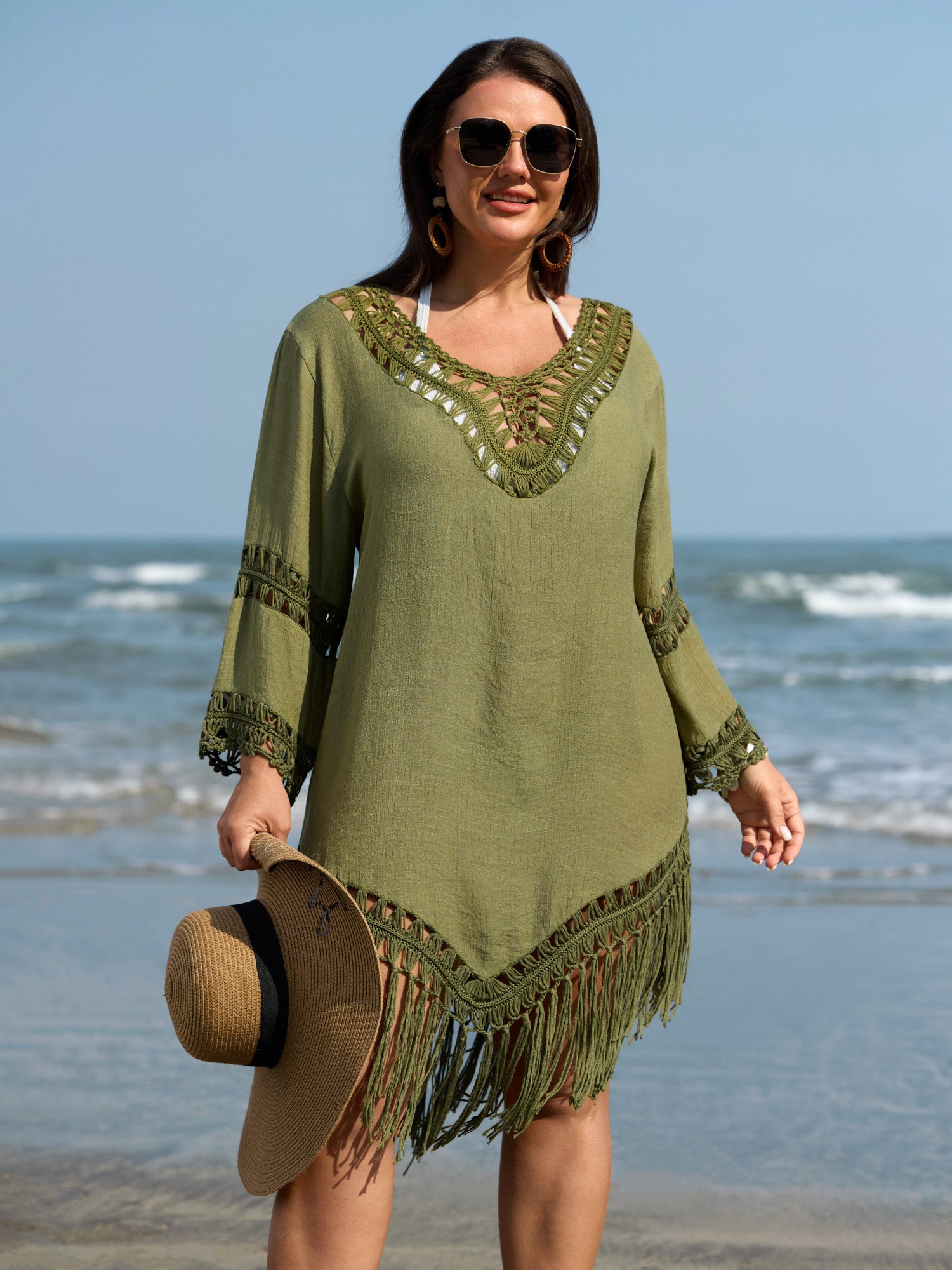 Hand Crocheted Fringe Hem Swim Cover-Up