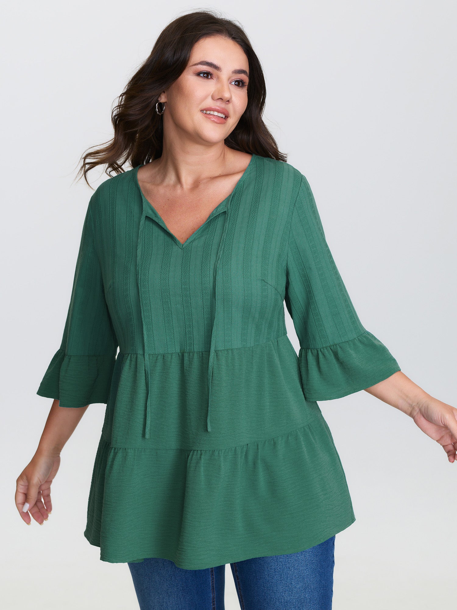 Cotton Textured Tiered Neck-Tie Blouse