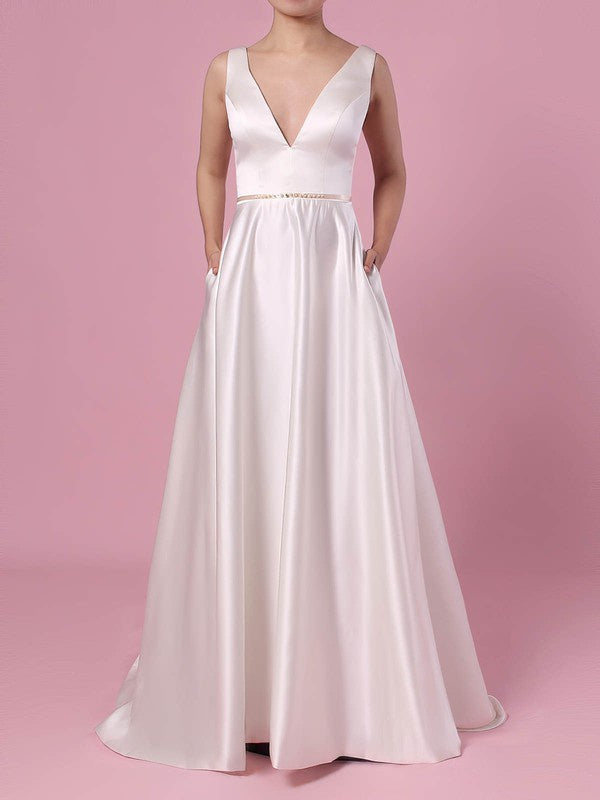Deluxe A-Line V-Neck Satin Sweep Train Wedding Dresses with Pockets